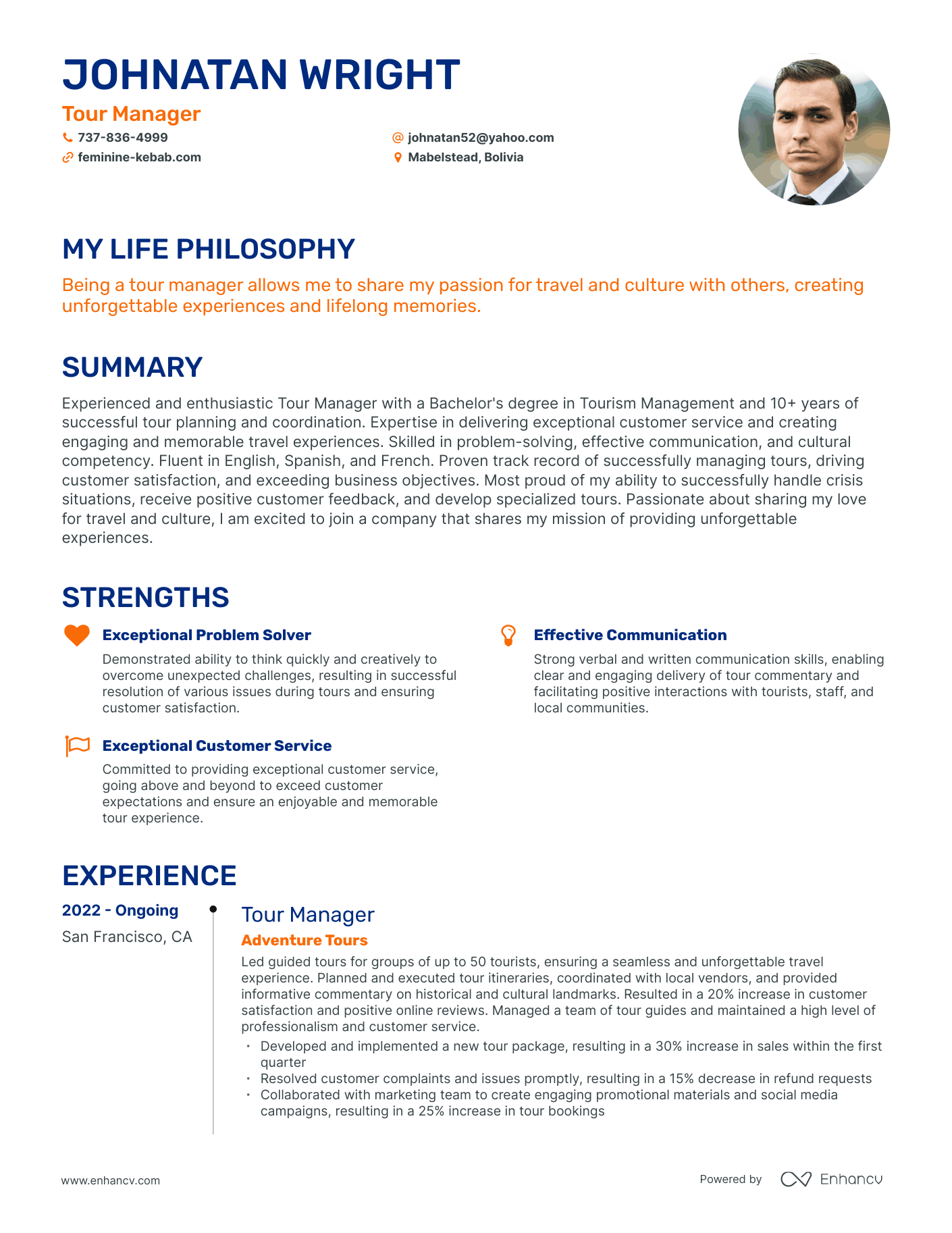 Creative Tour Manager Resume Example