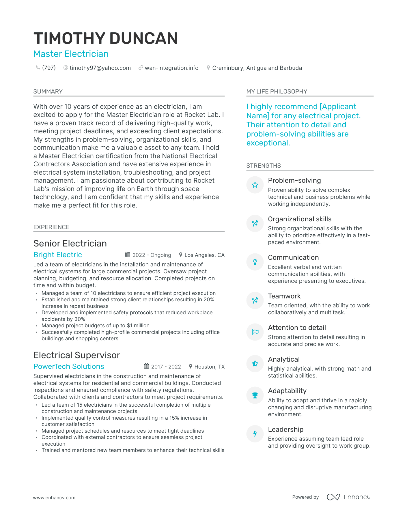 Modern Master Electrician Resume Example