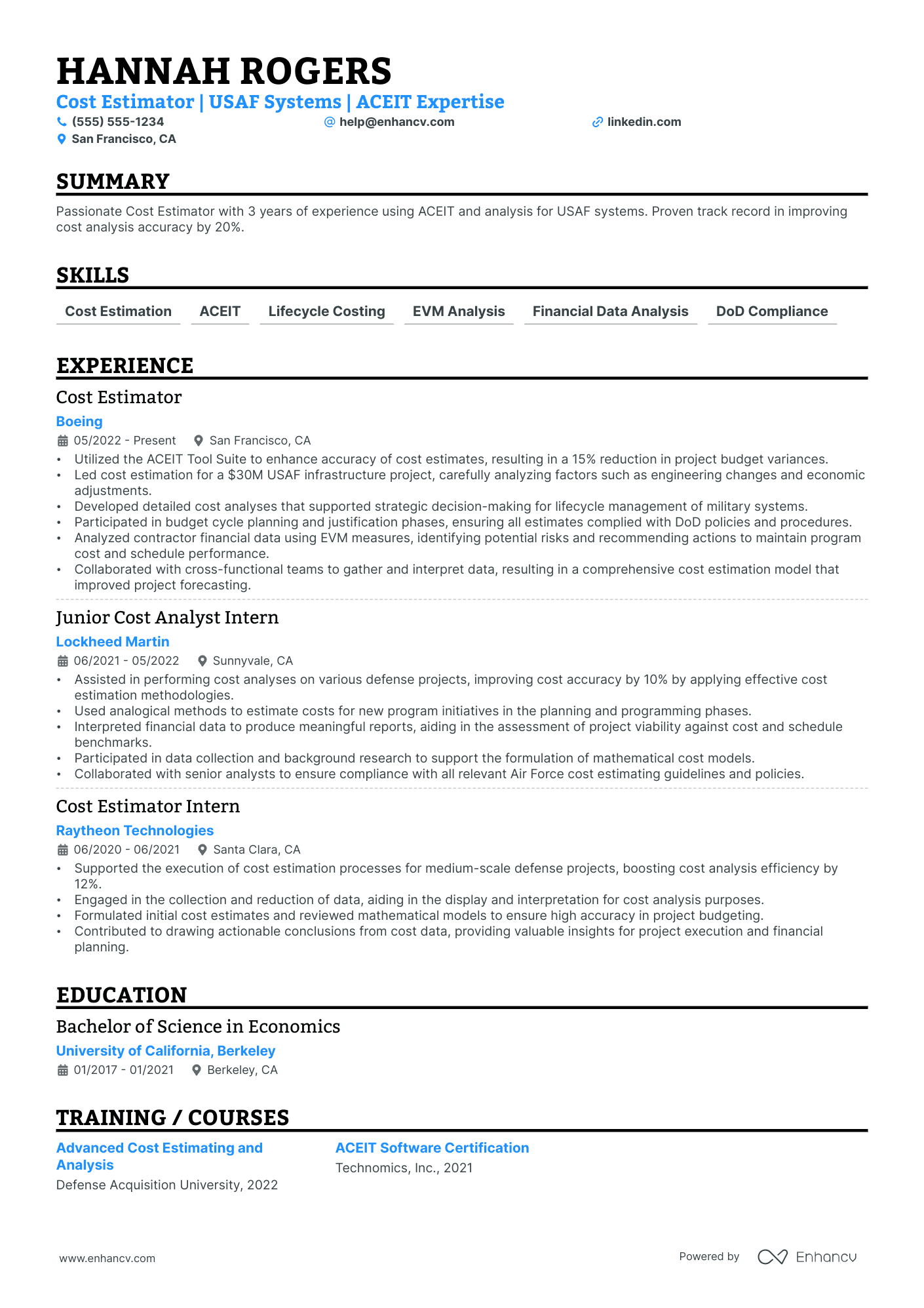 Cost Estimator resume example