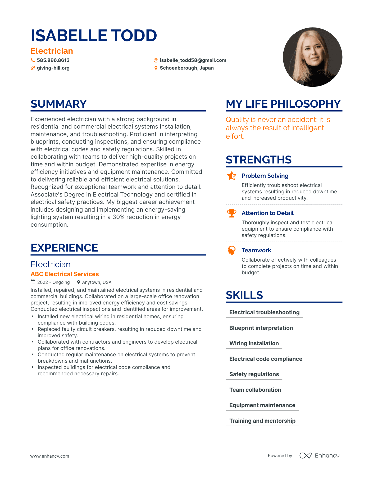 Electrician resume example