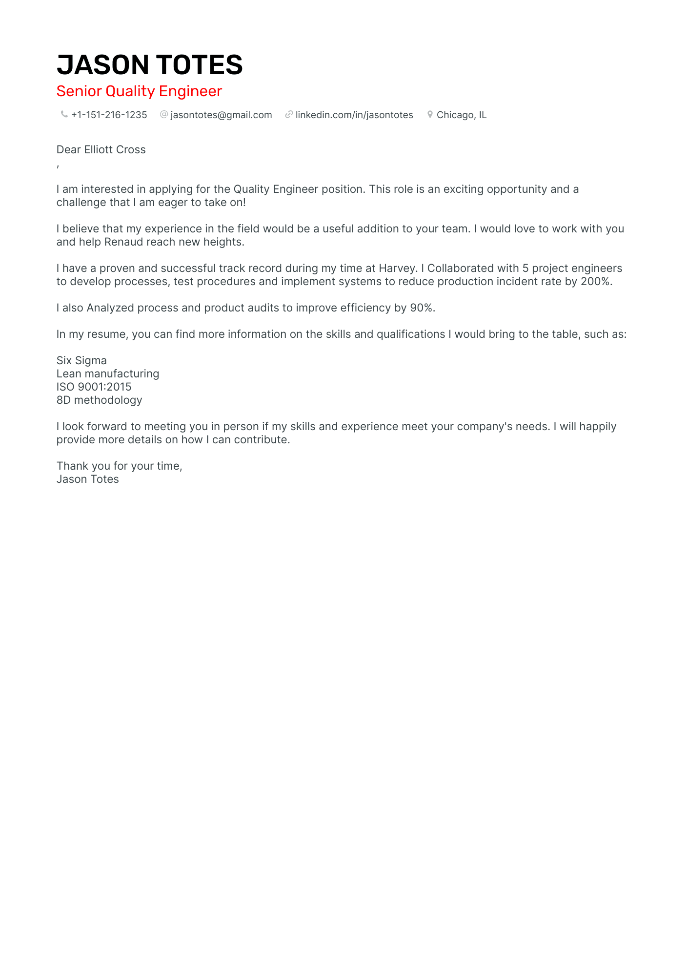 Quality Engineer cover letter