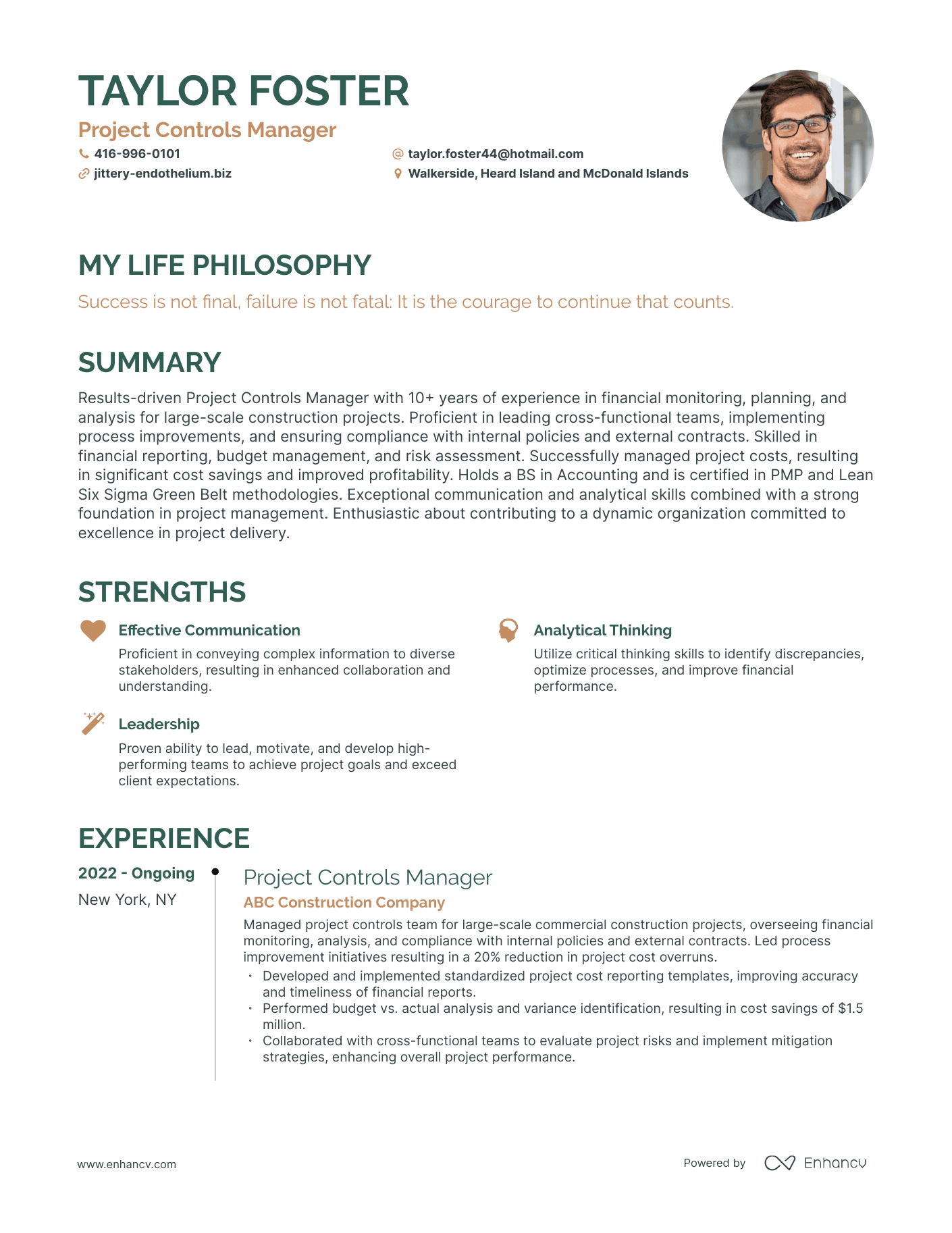 Creative Project Controls Manager Resume Example