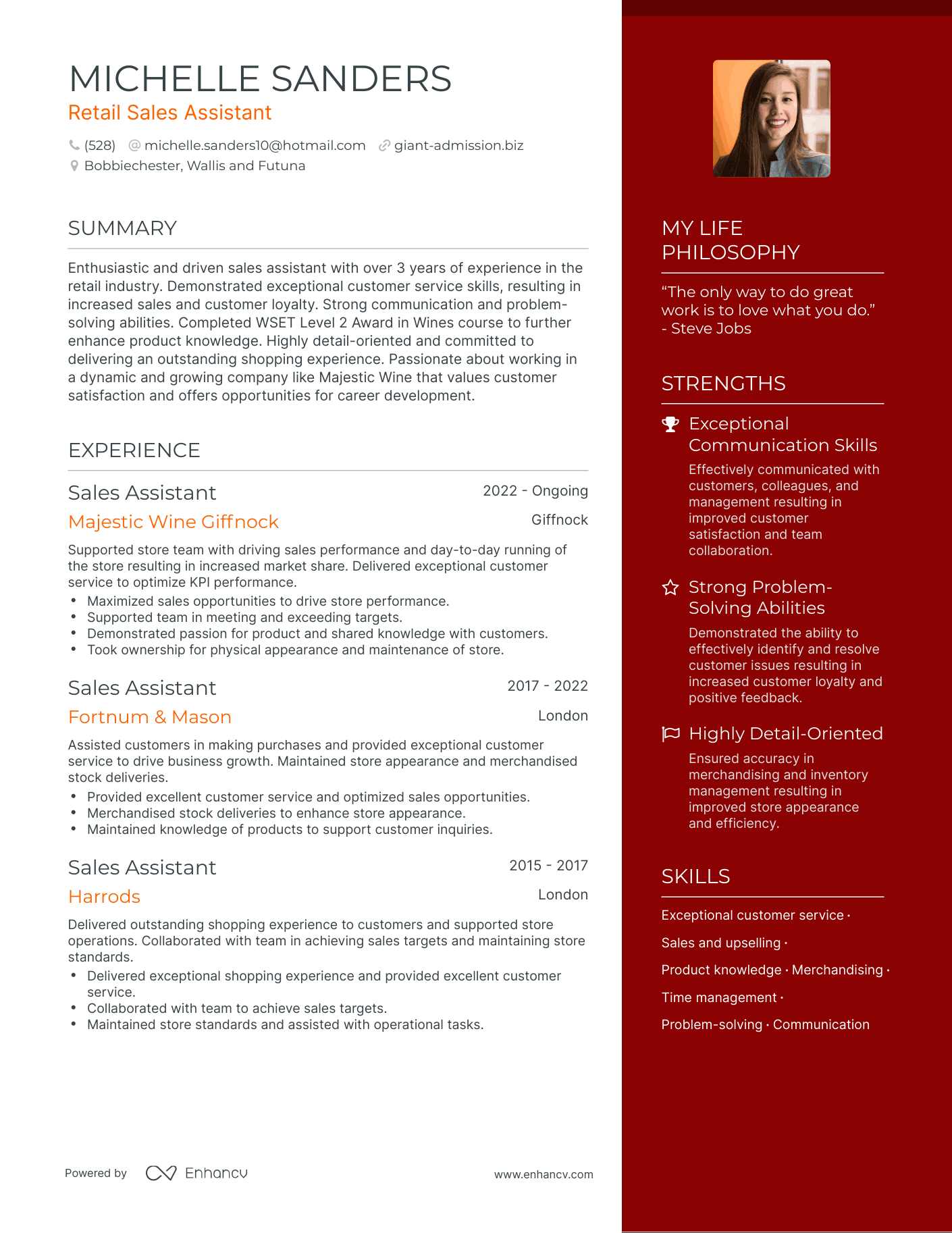 Retail Sales Assistant resume example
