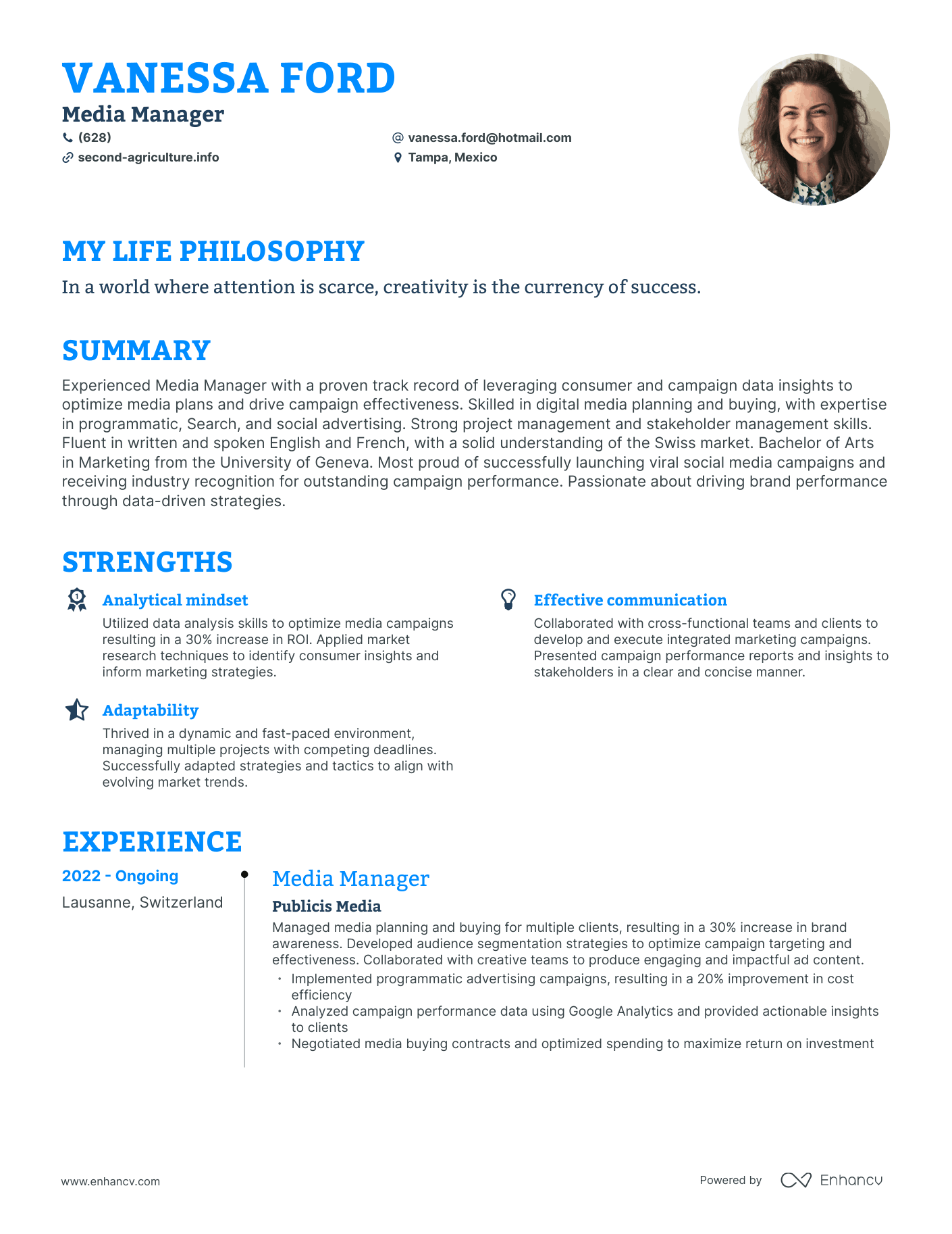 Creative Media Manager Resume Example