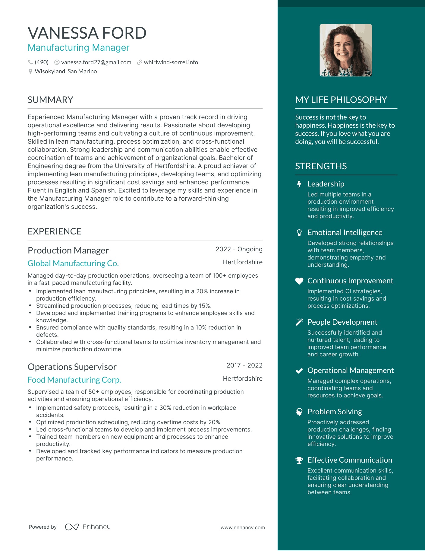 Manufacturing Manager resume example