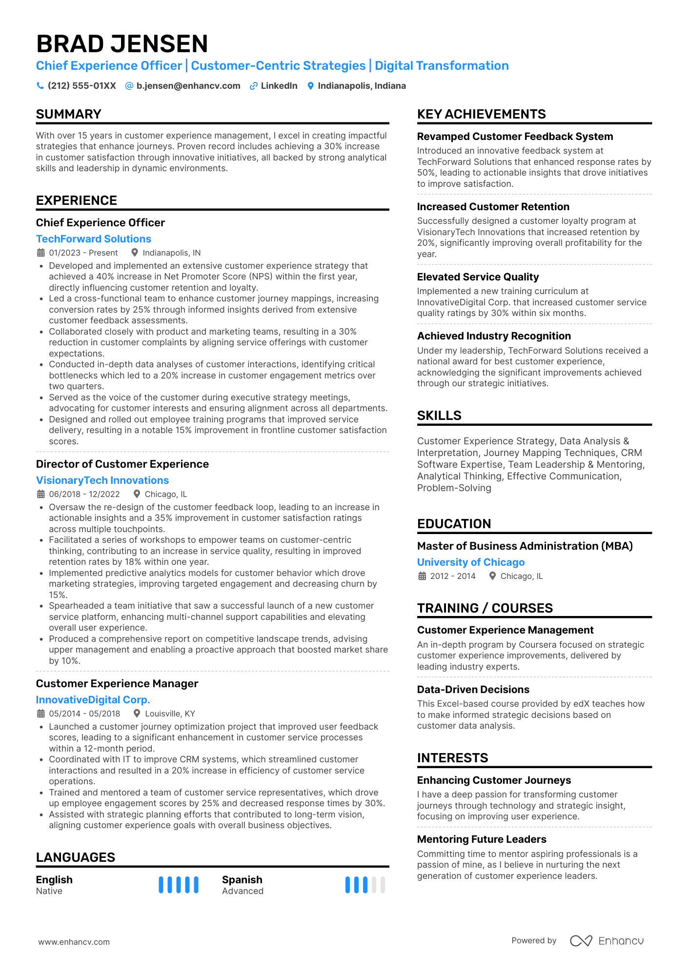 A two column resume with a blue accent color and focus on experience and achievements.