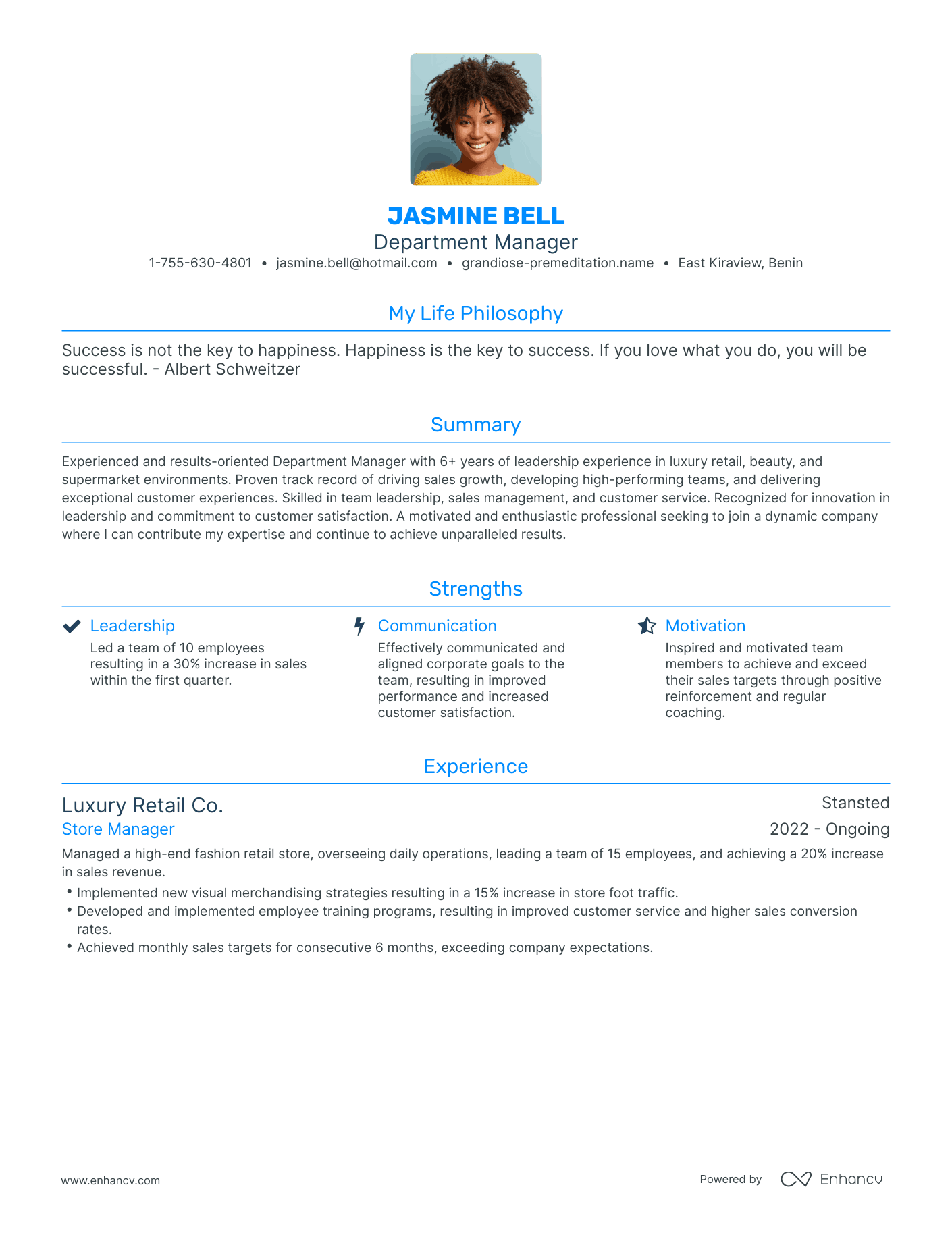 Modern Department Manager Resume Example