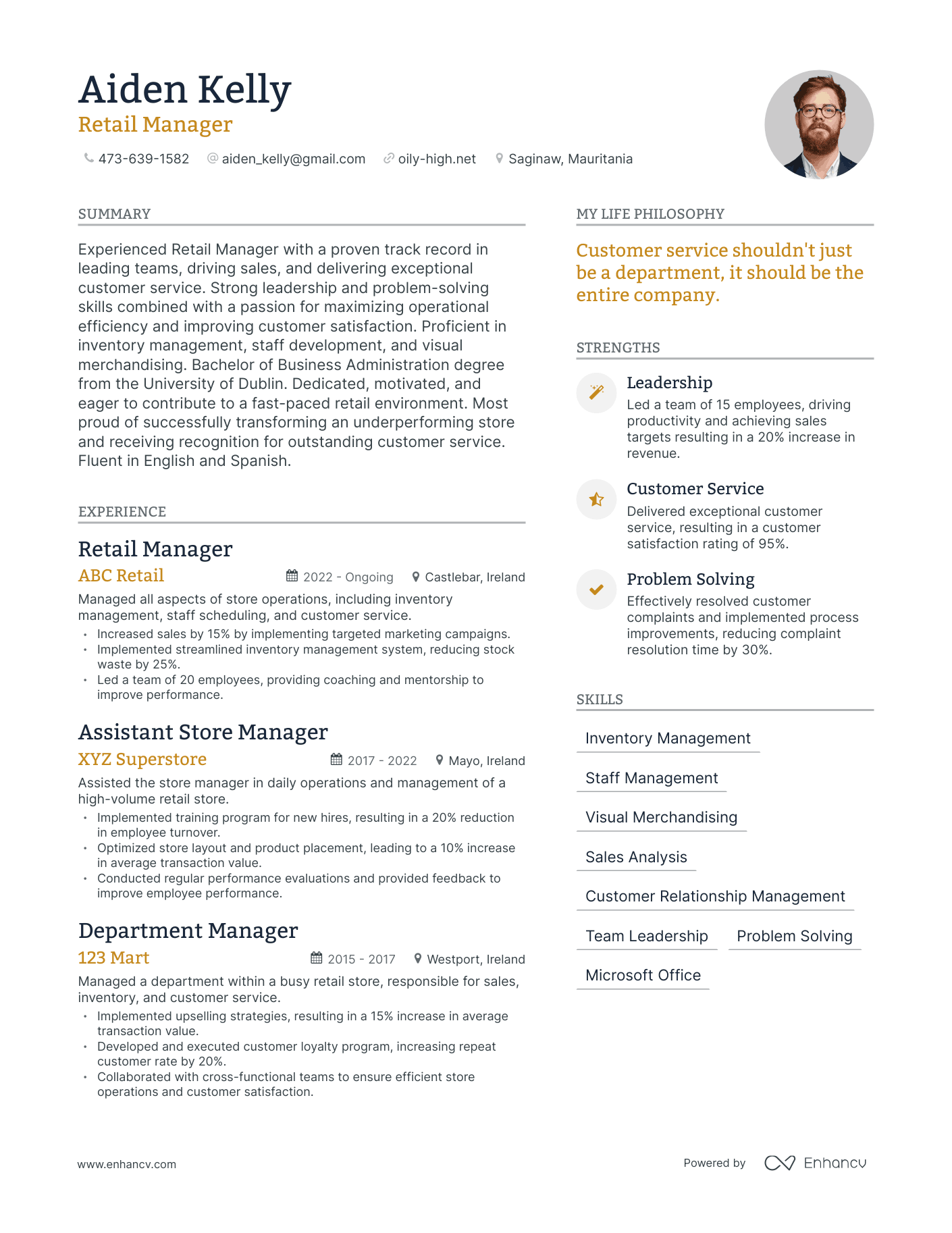 Modern Retail Manager Resume Example