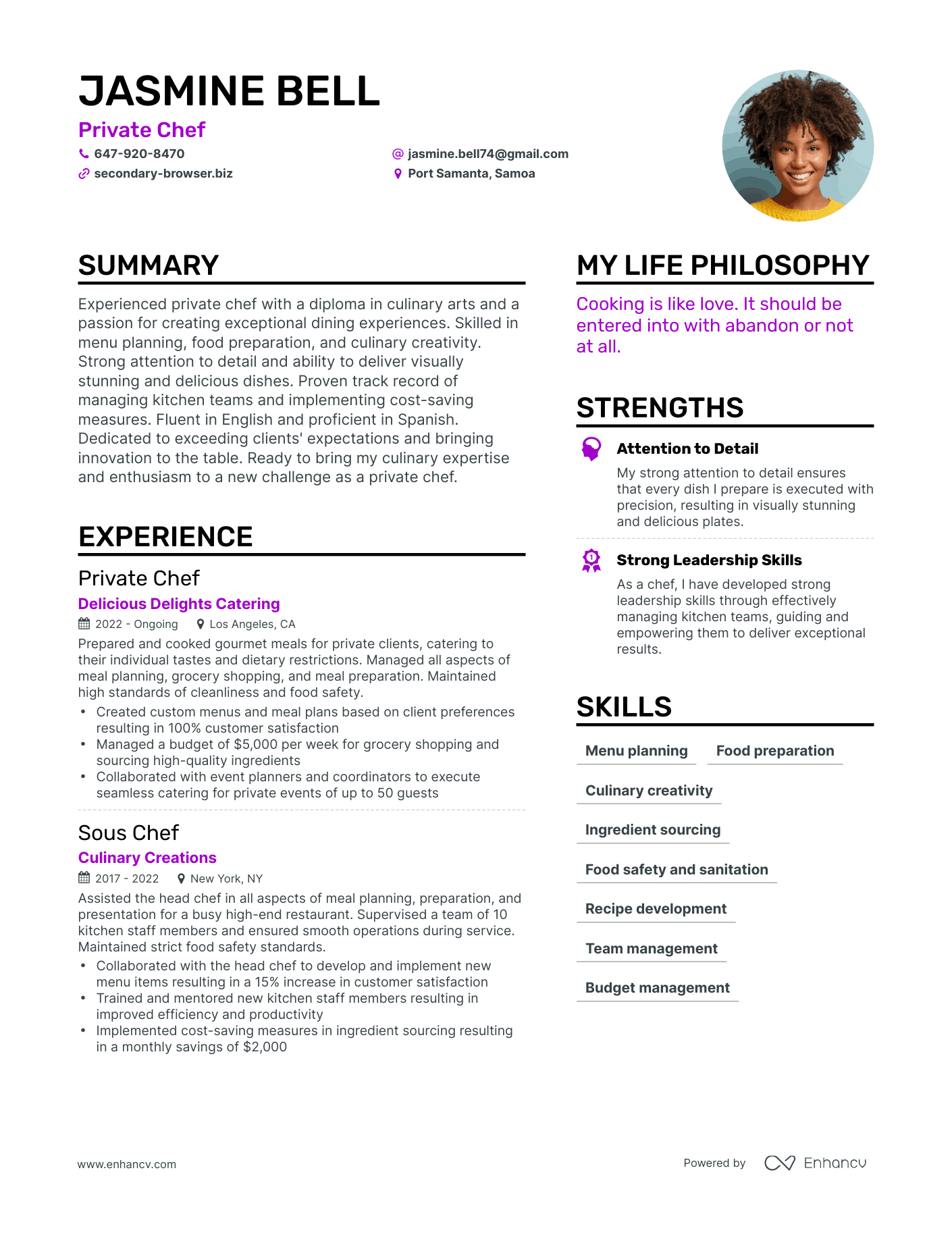 Modern Private Chef Resume Example