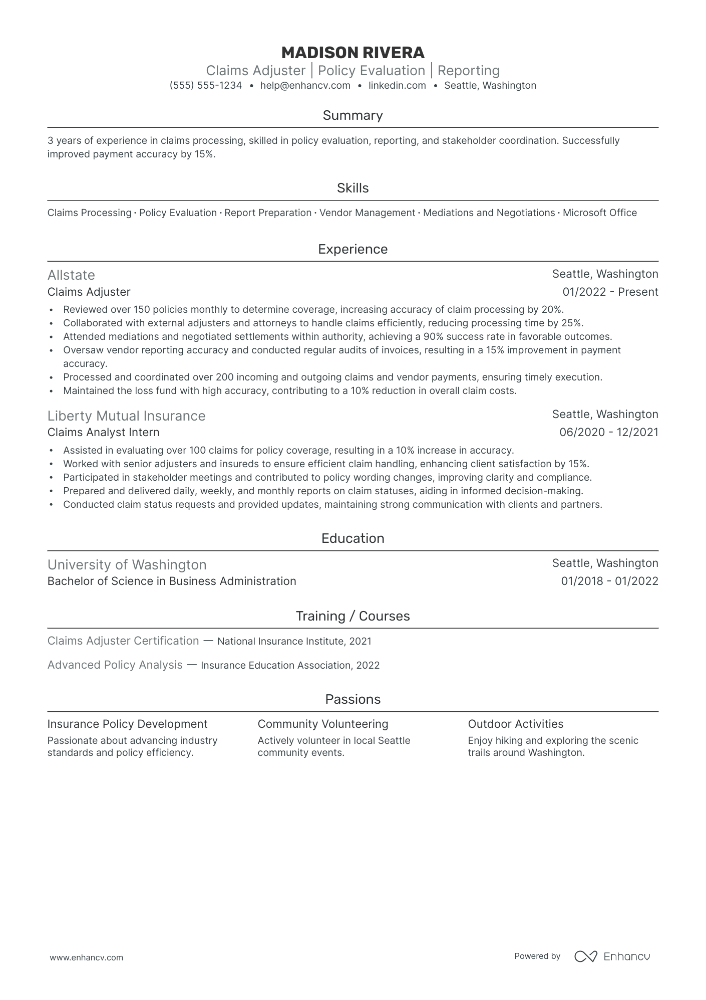 Claim Adjuster resume example