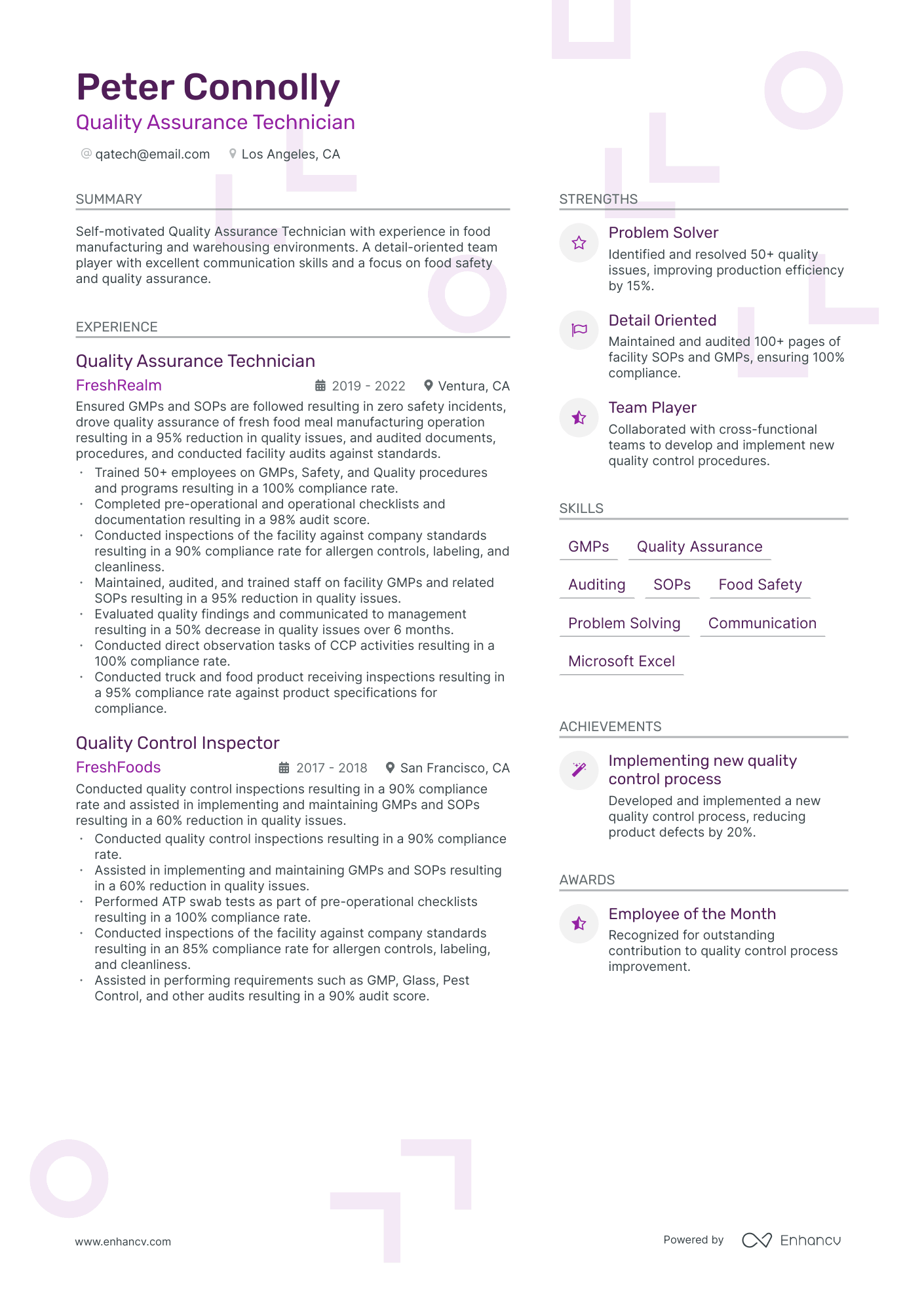 Quality Assurance Technician resume example
