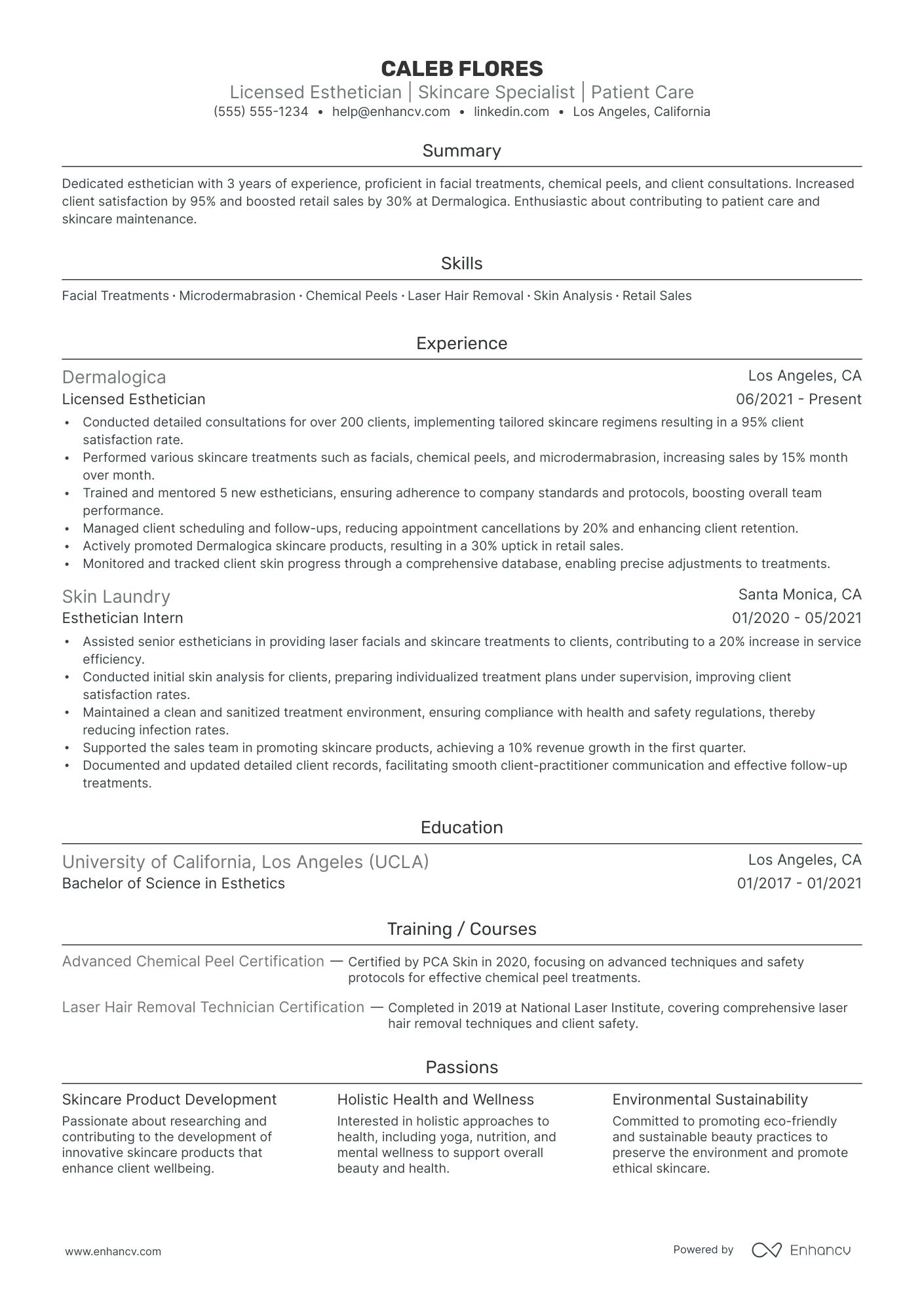 Senior Esthetician resume example