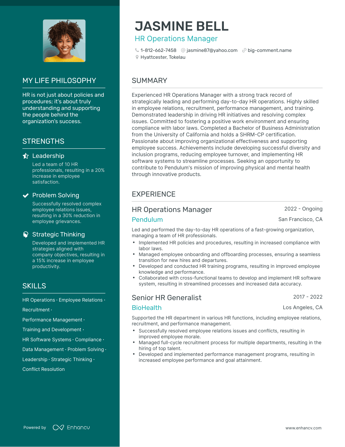 Creative HR Operations Manager Resume Example