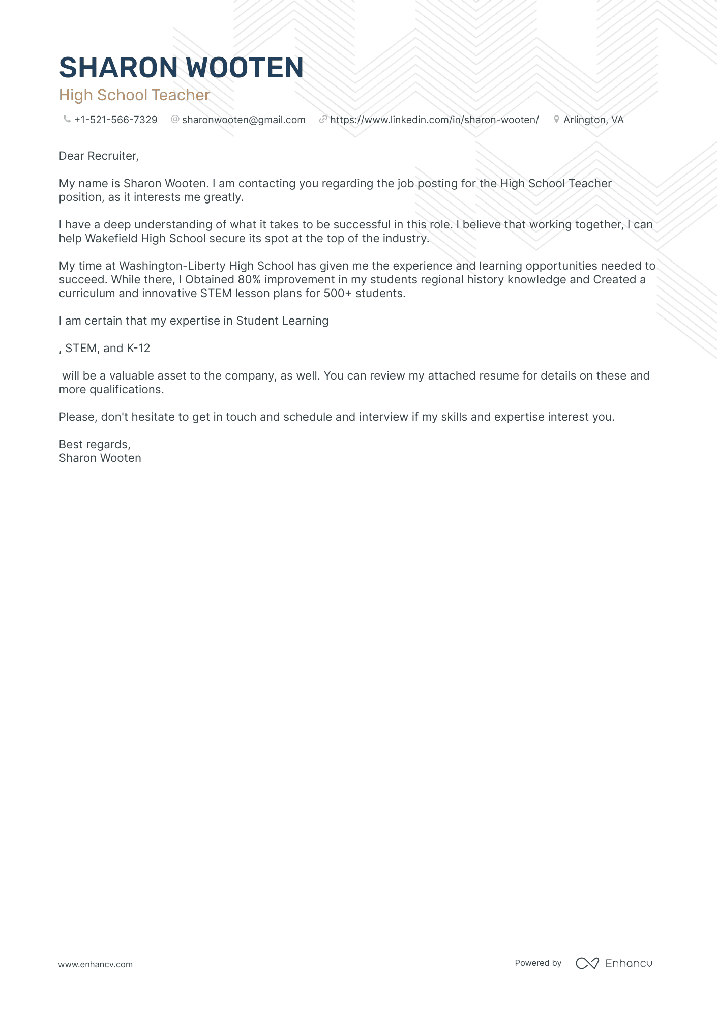 High School Teacher cover letter