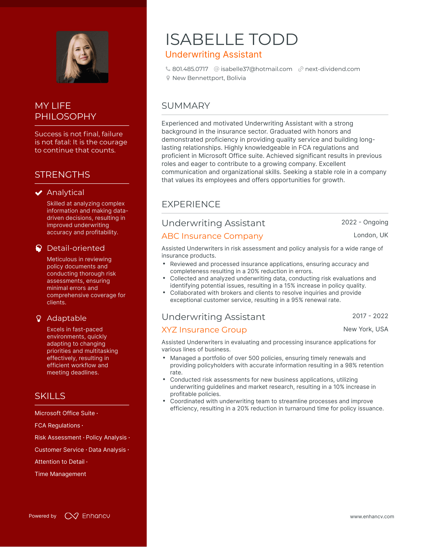 Creative Underwriting Assistant Resume Example