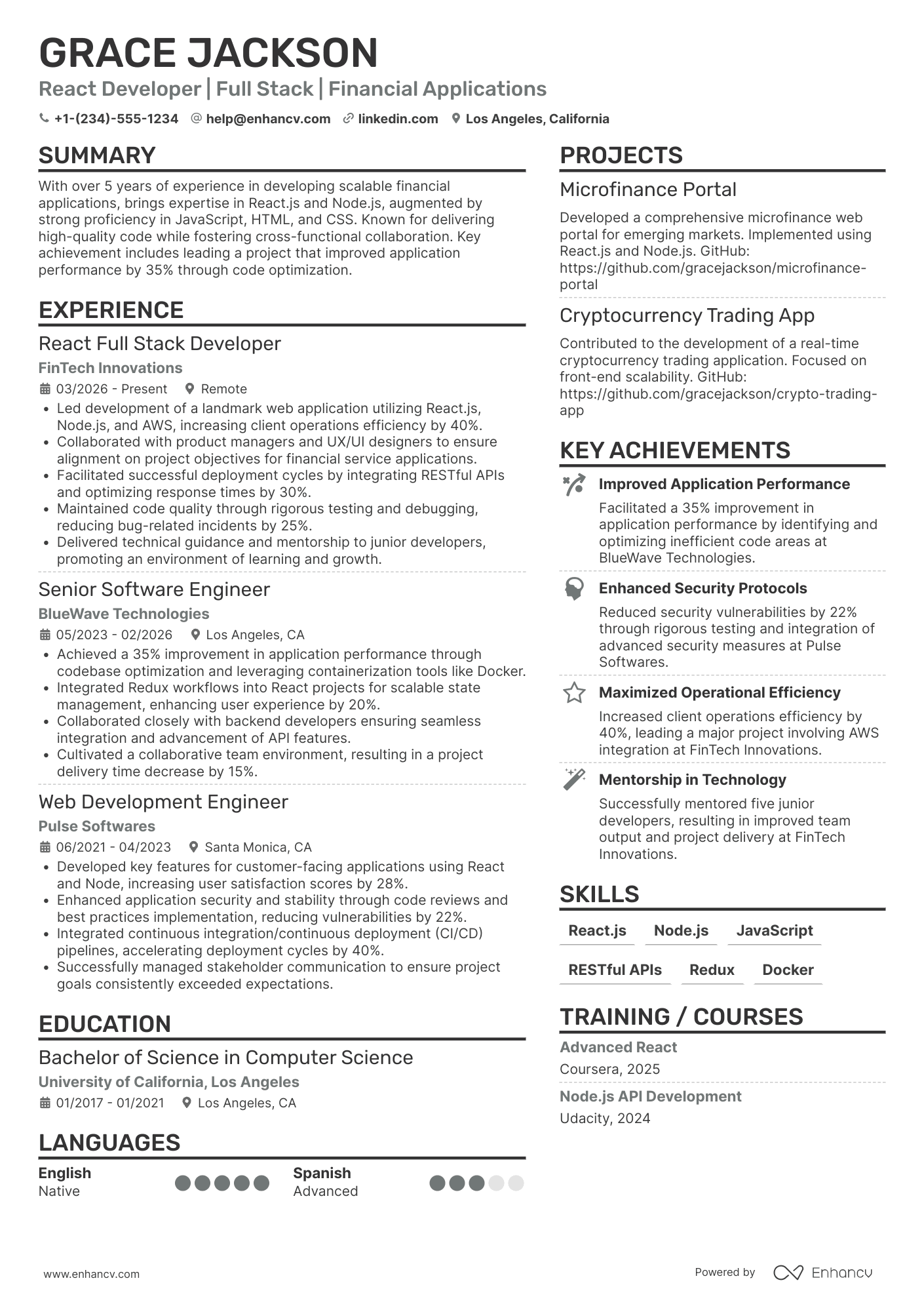 React Full Stack Developer resume example