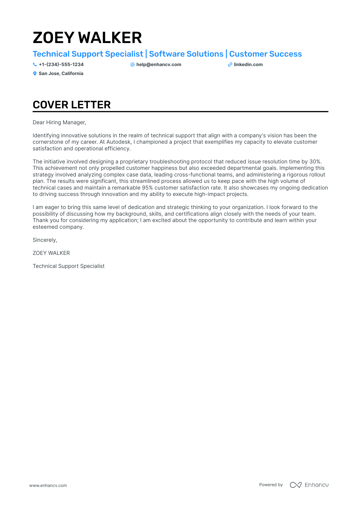 Technical Support Manager cover letter