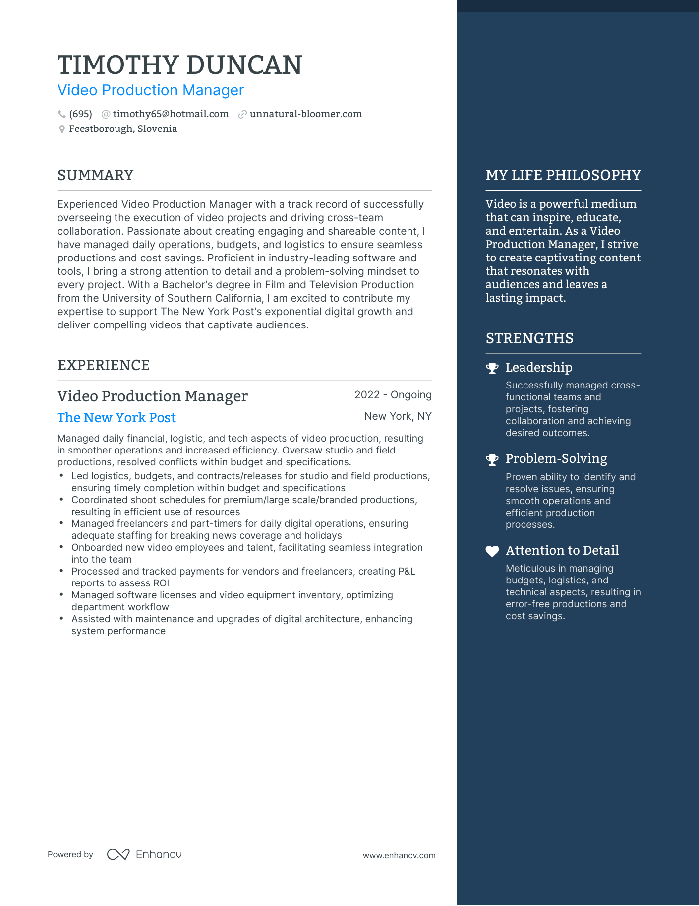 Video Production Manager resume example