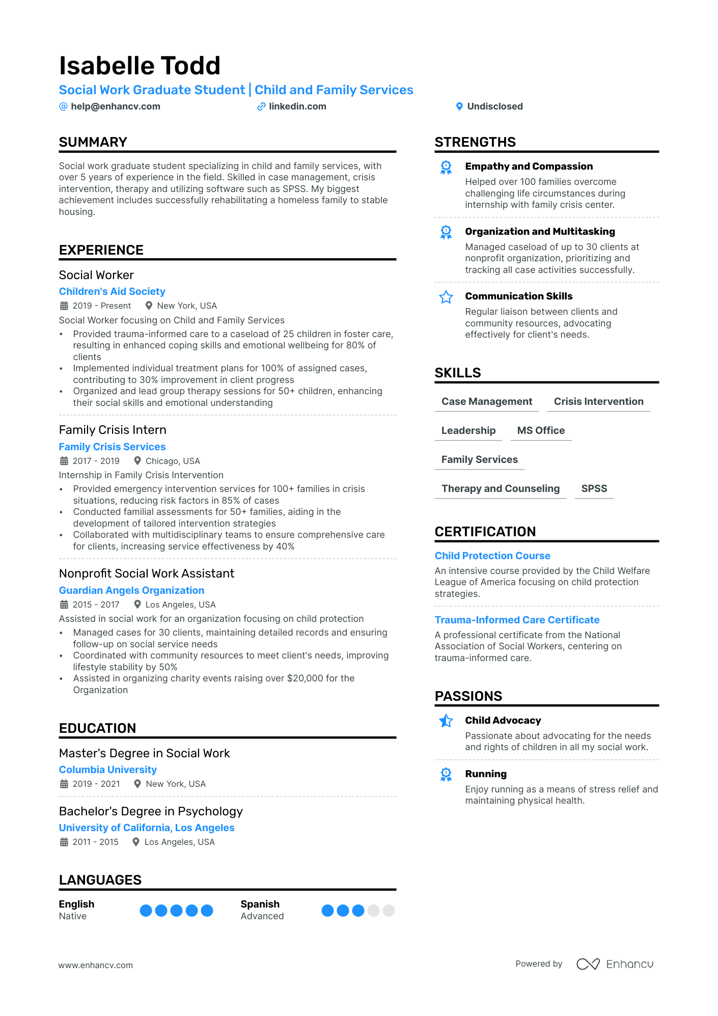 Social Work Student resume example