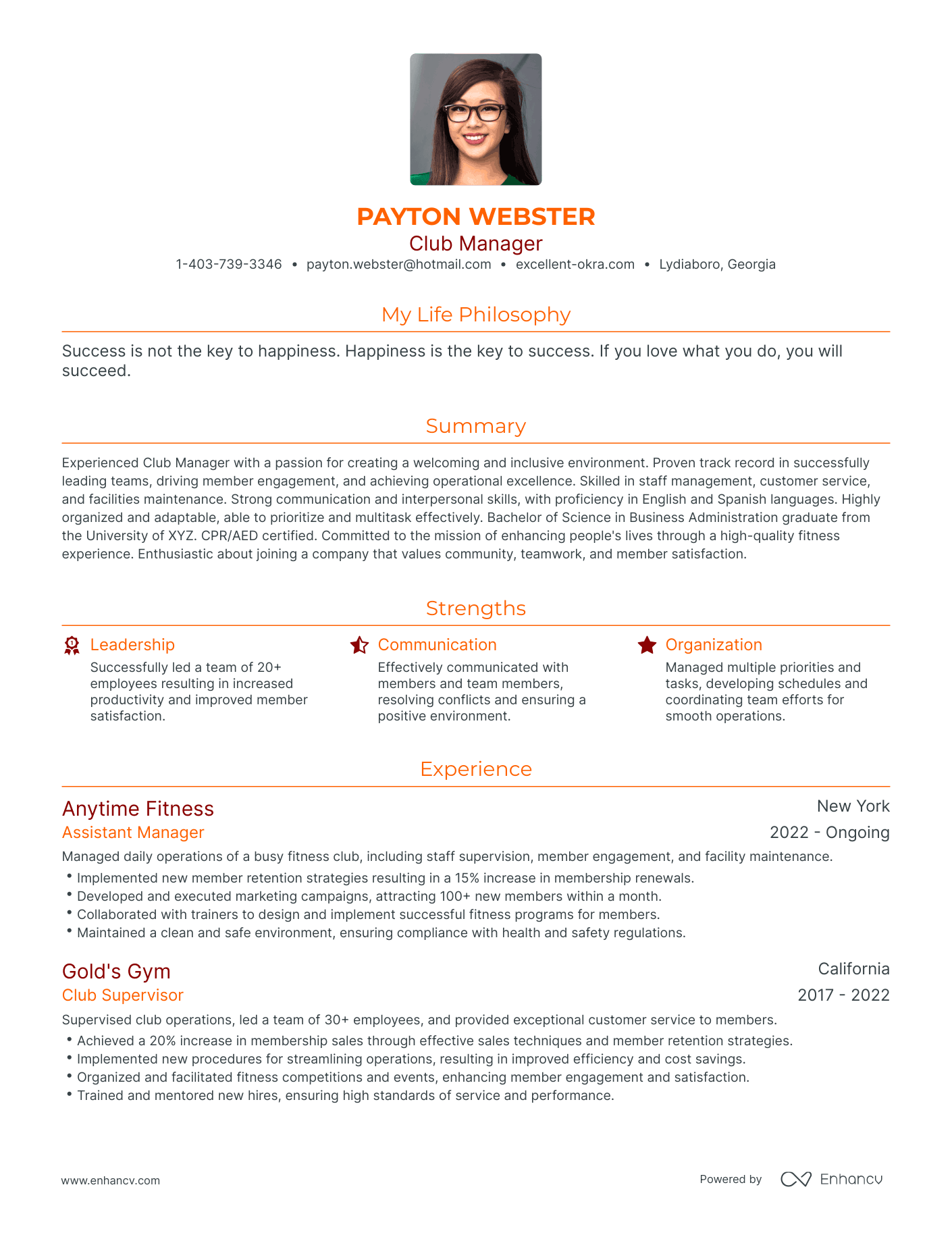 Modern Club Manager Resume Example