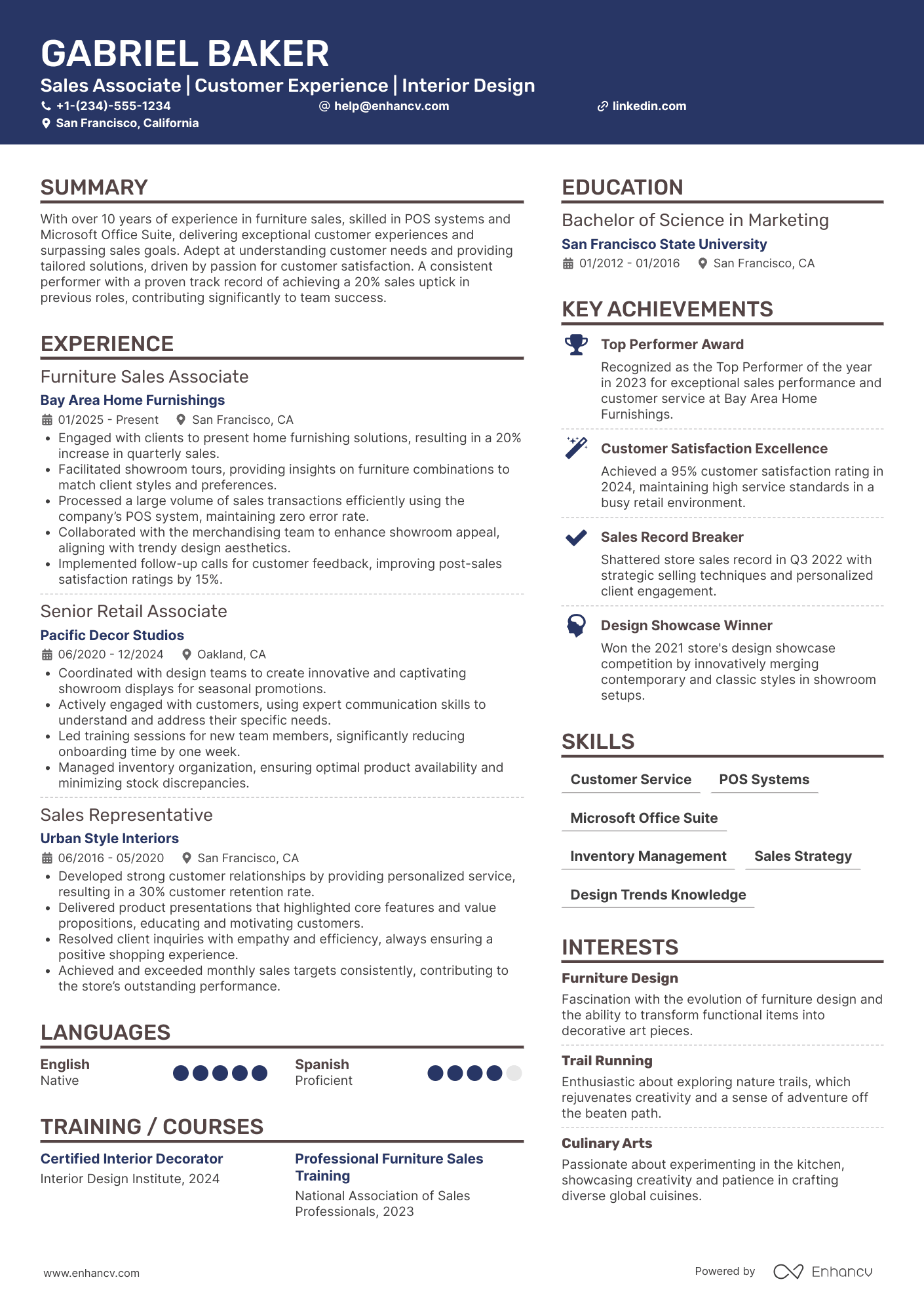 Furniture Sales resume example