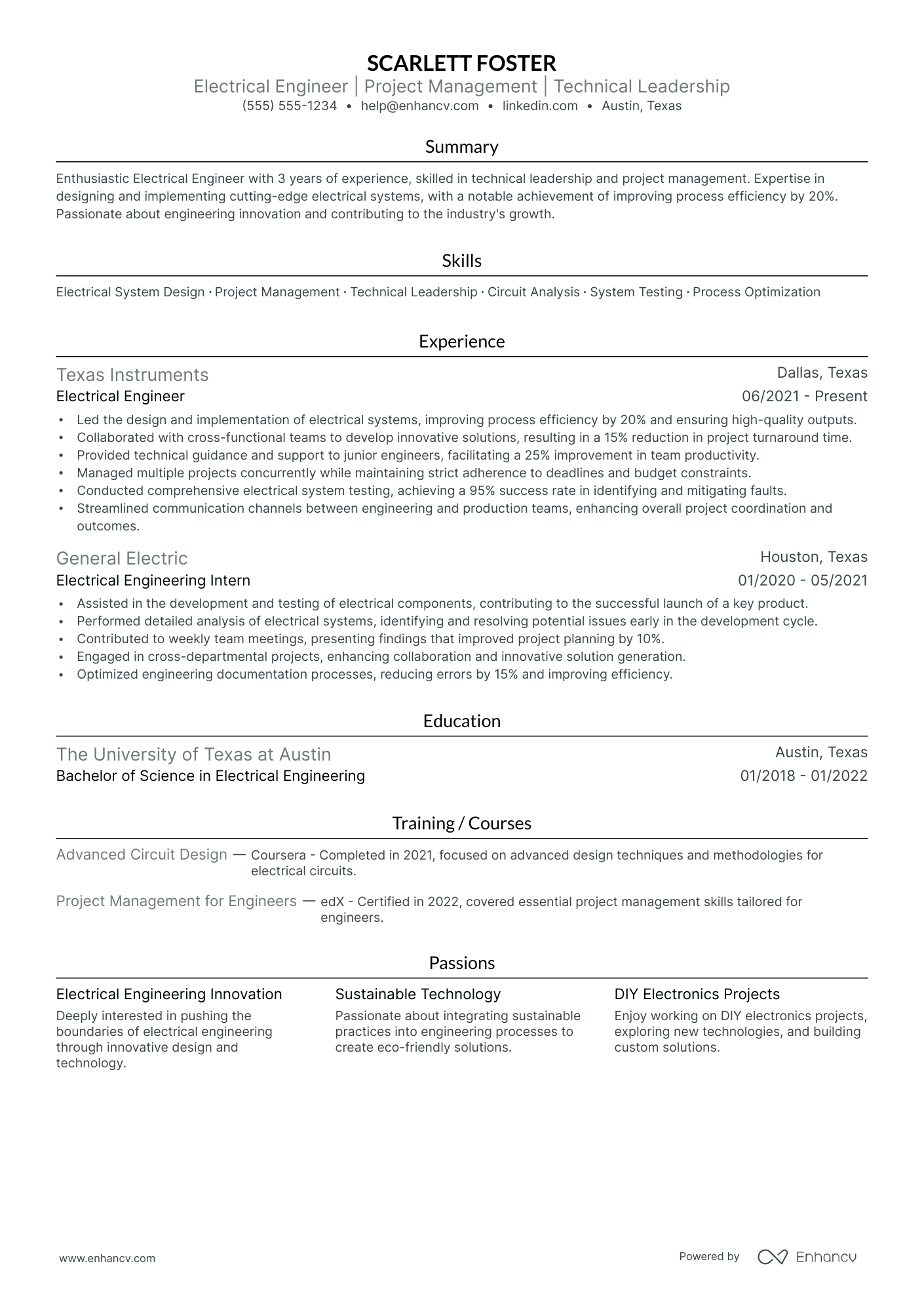 Lead Electrical Engineer resume example