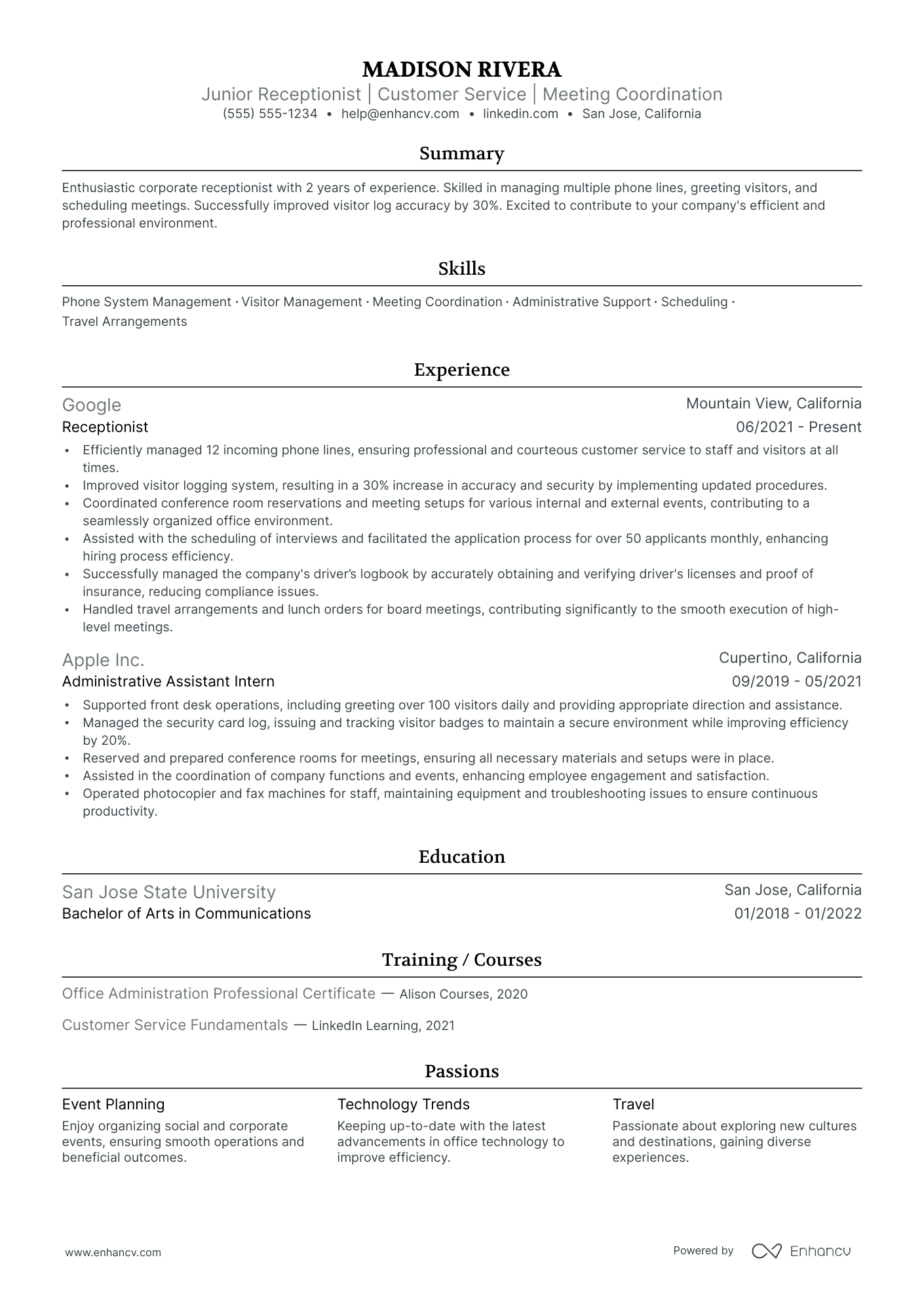 Receptionist Supervisor resume example