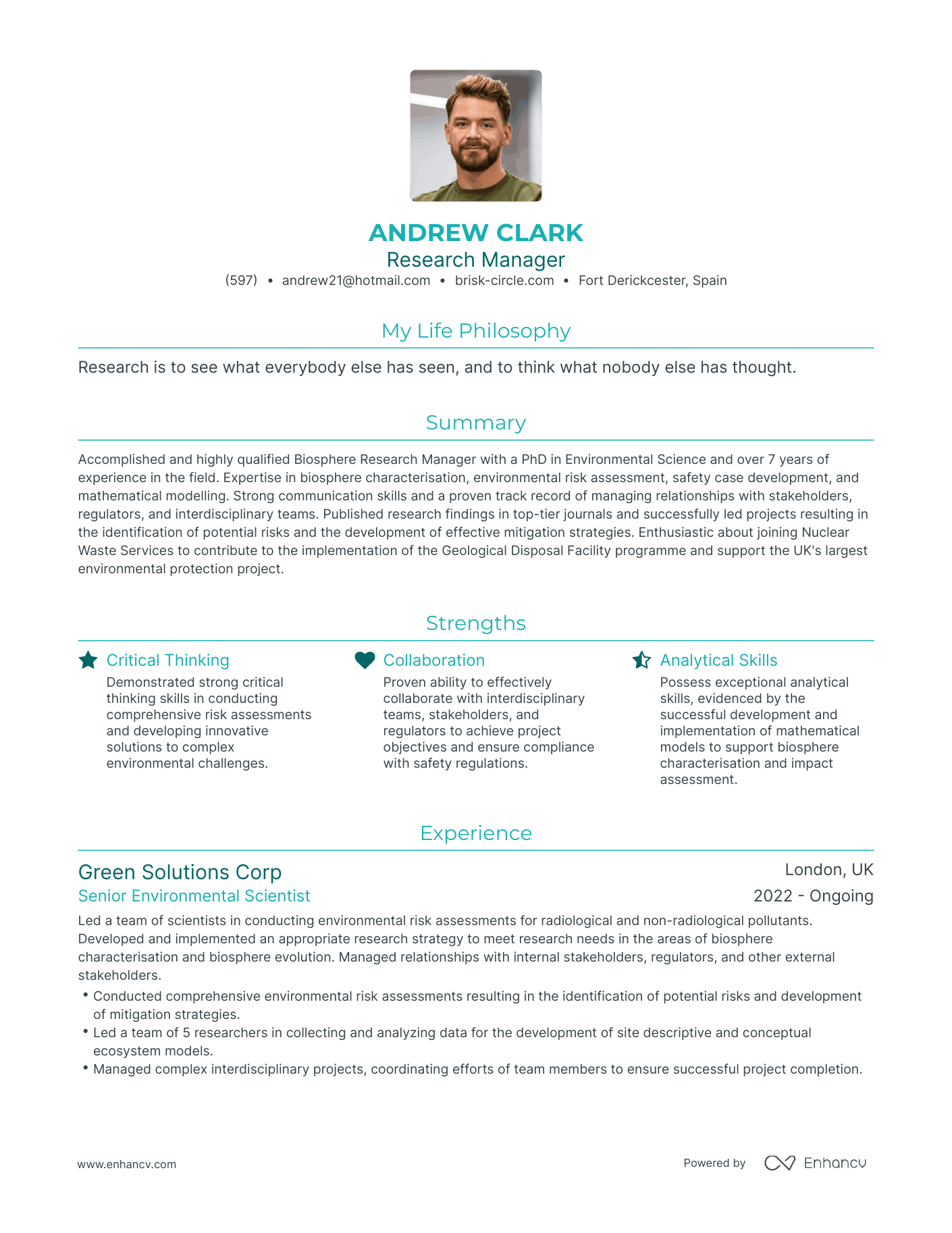 Modern Research Manager Resume Example