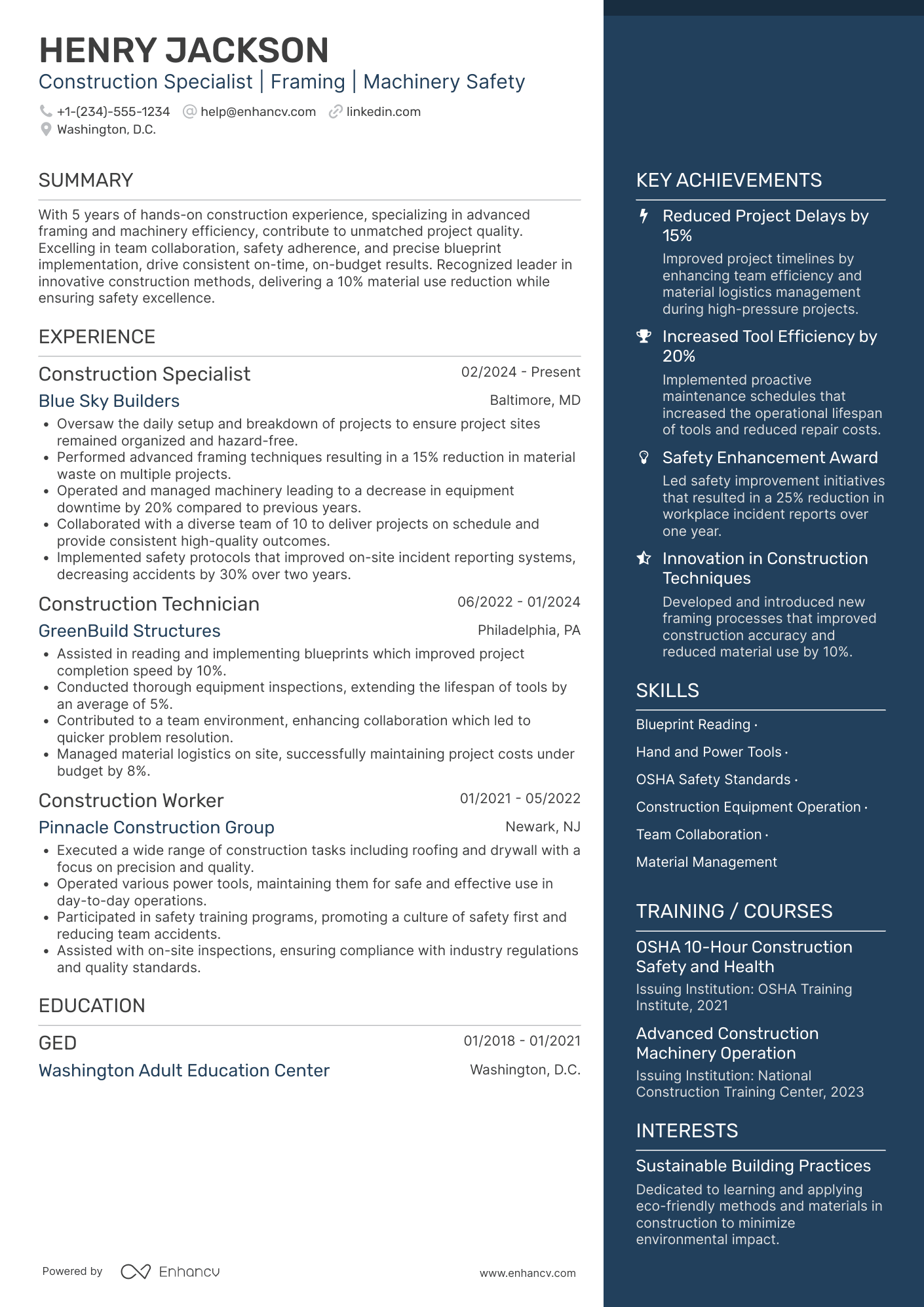 Construction Worker resume example