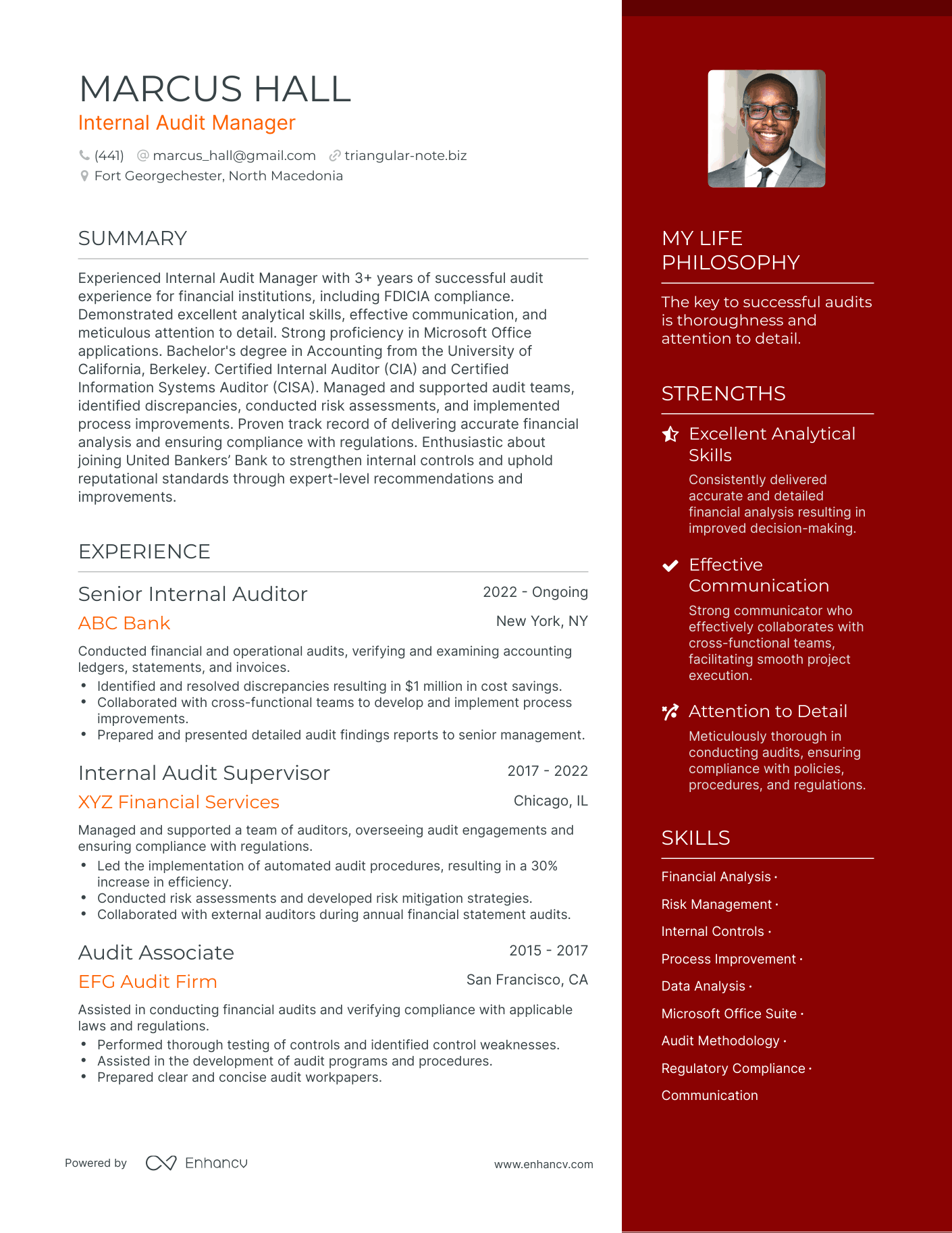 Modern Internal Audit Manager Resume Example