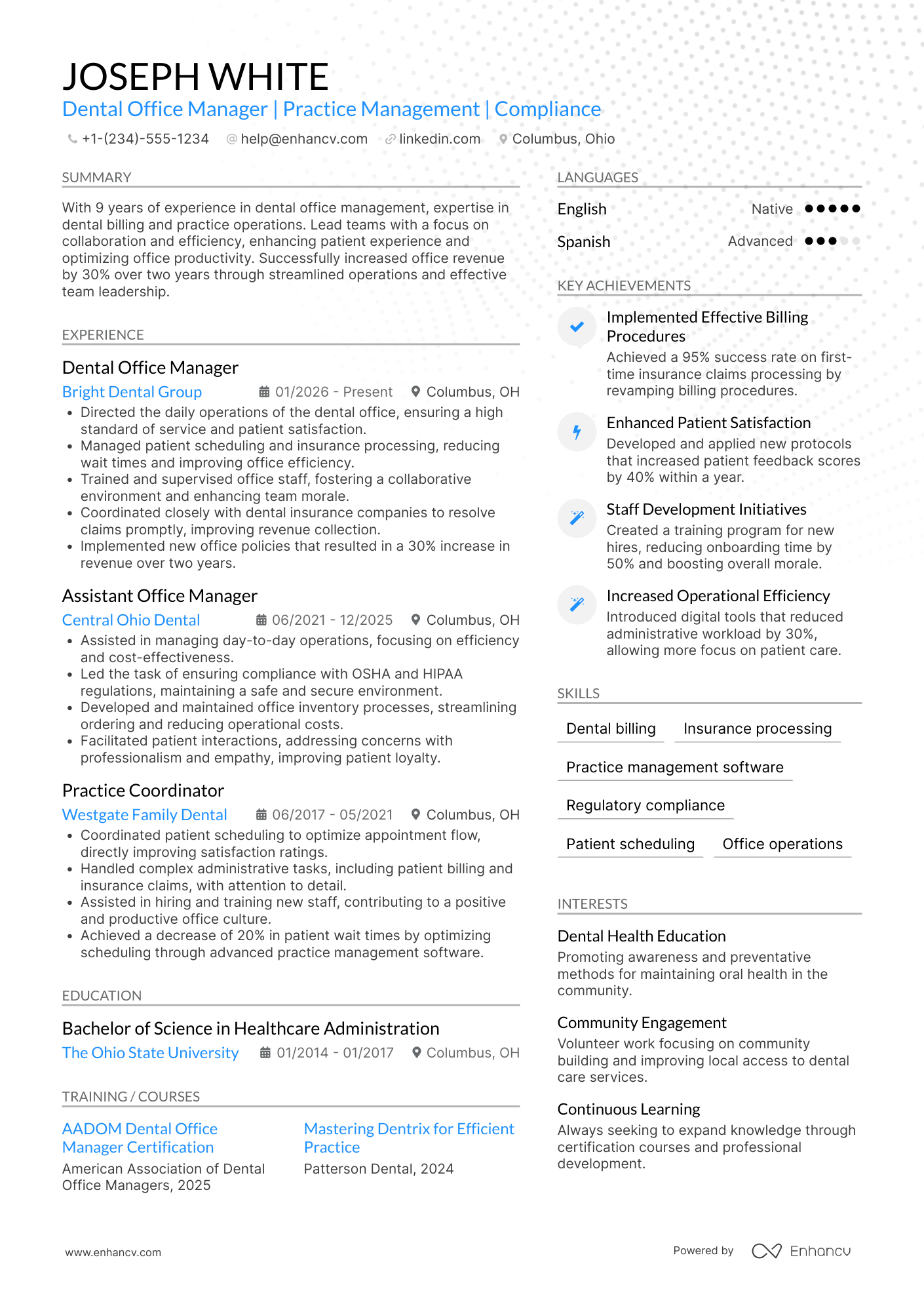 Dental Office Manager resume example