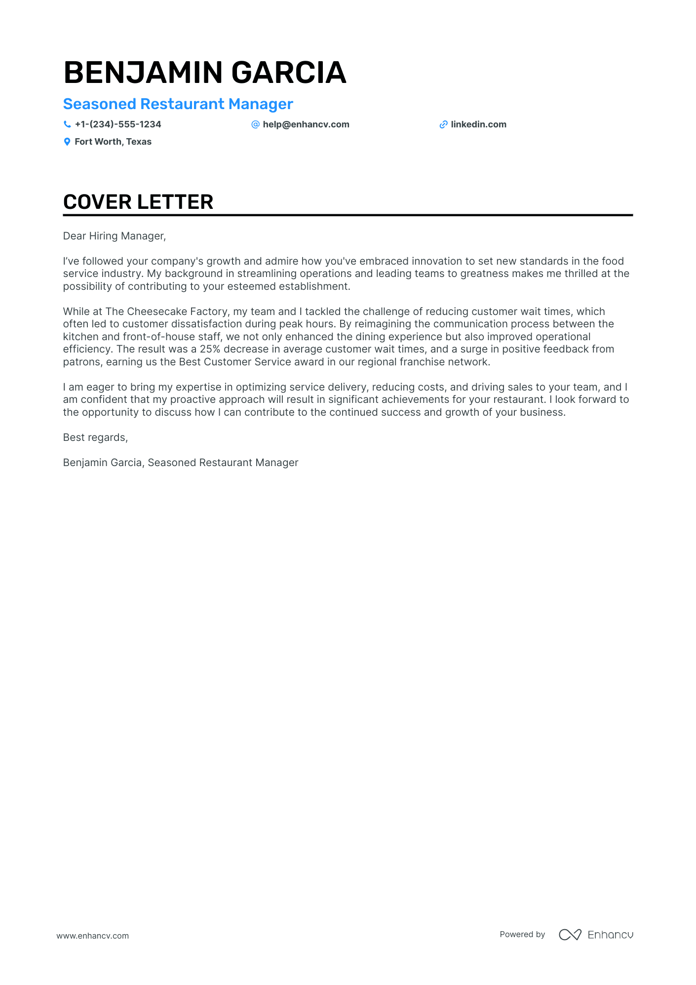 Restaurant General Manager cover letter