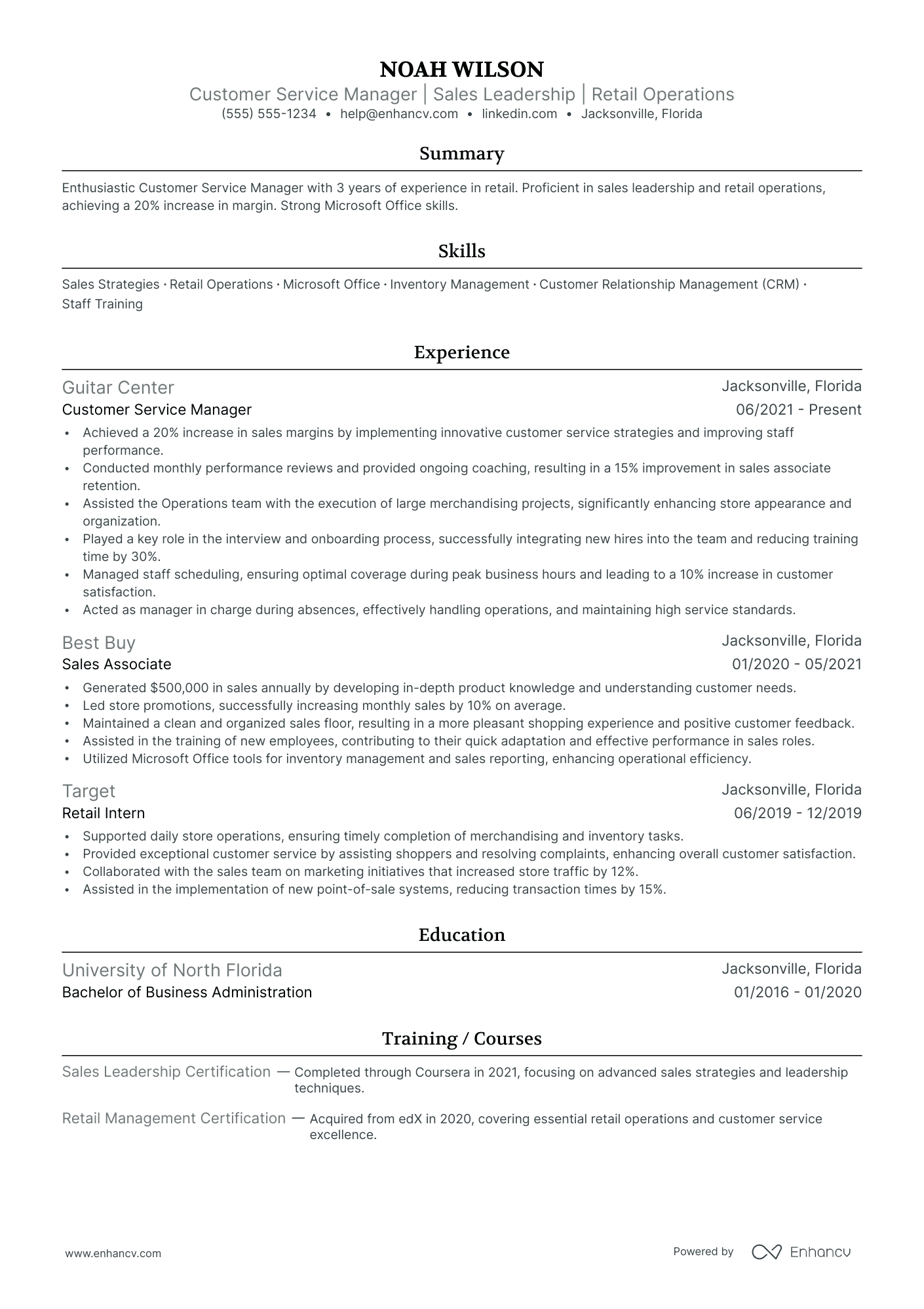 Retail Customer Service Manager resume example