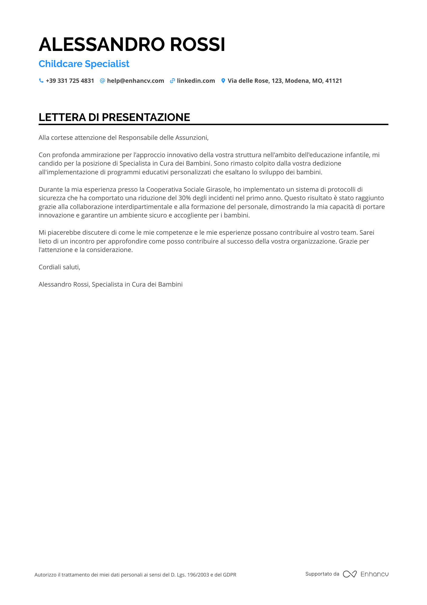 Baby Sitter Lettera di presentazione