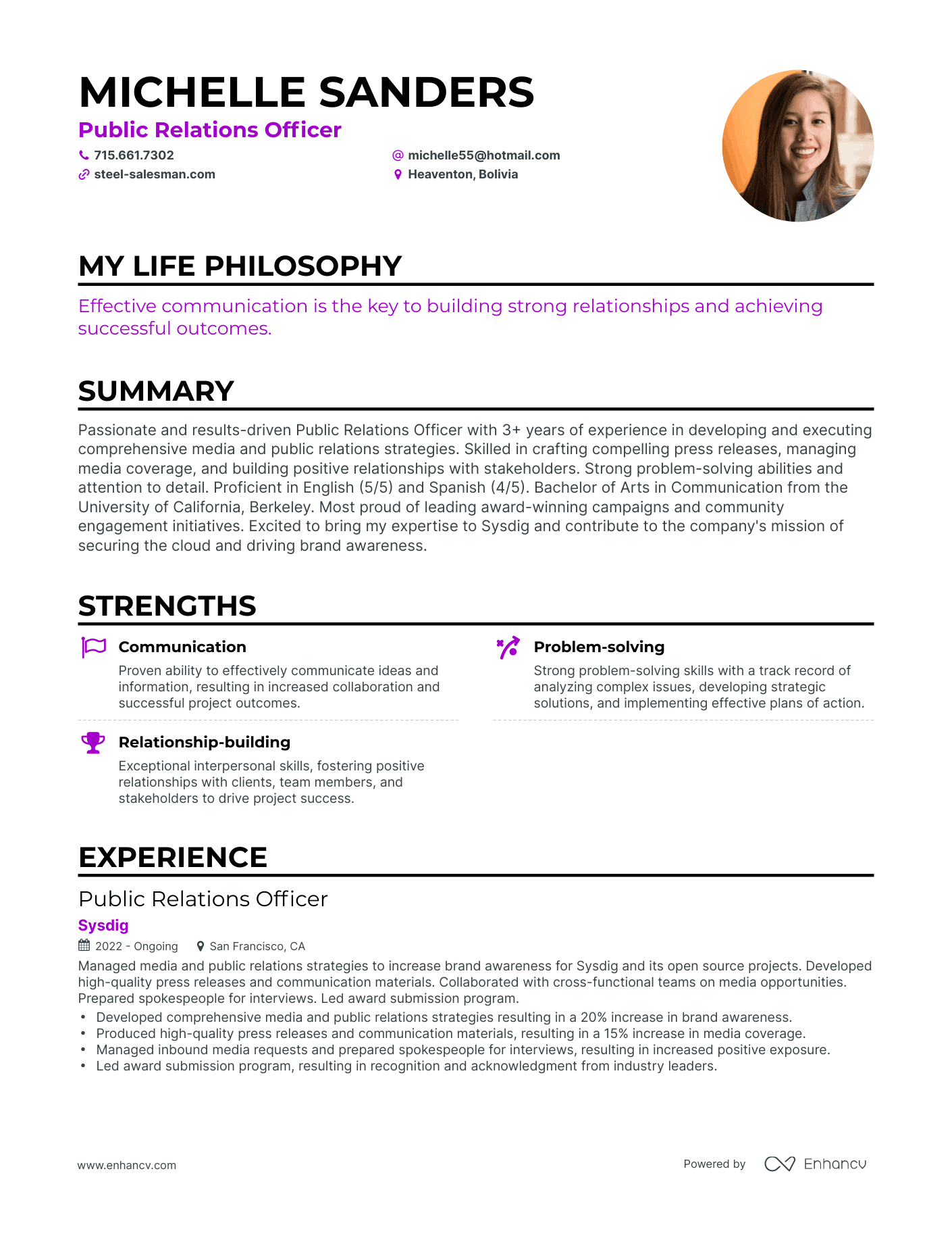 Creative Public Relations Officer Resume Example