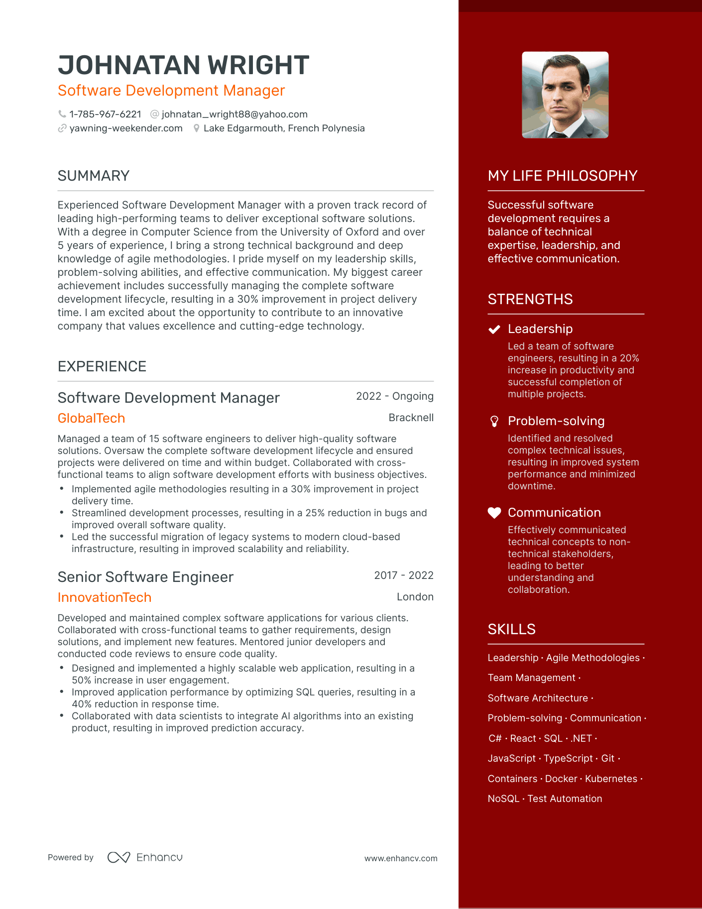 Modern Software Development Manager Resume Example
