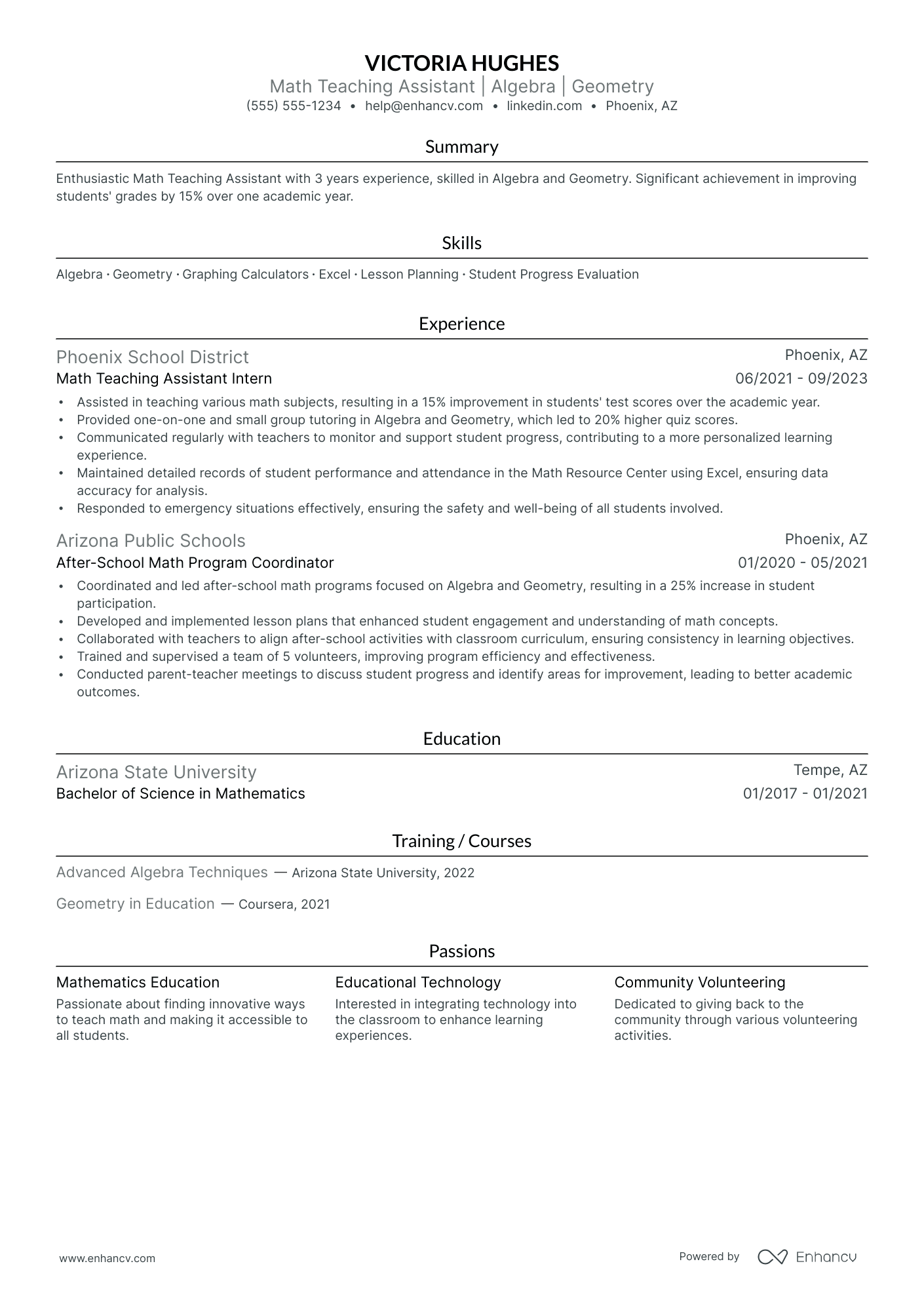 Math Teacher Assistant resume example