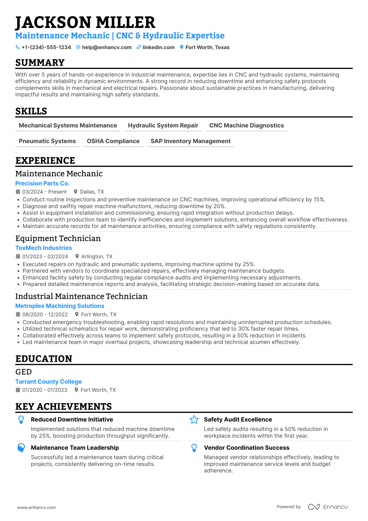 Maintenance Mechanic resume example