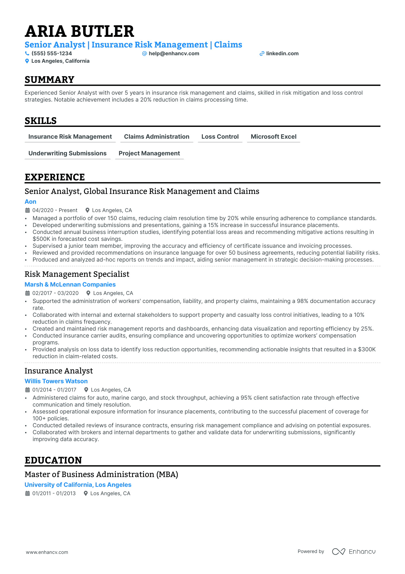 Junior Risk Management Analyst resume example