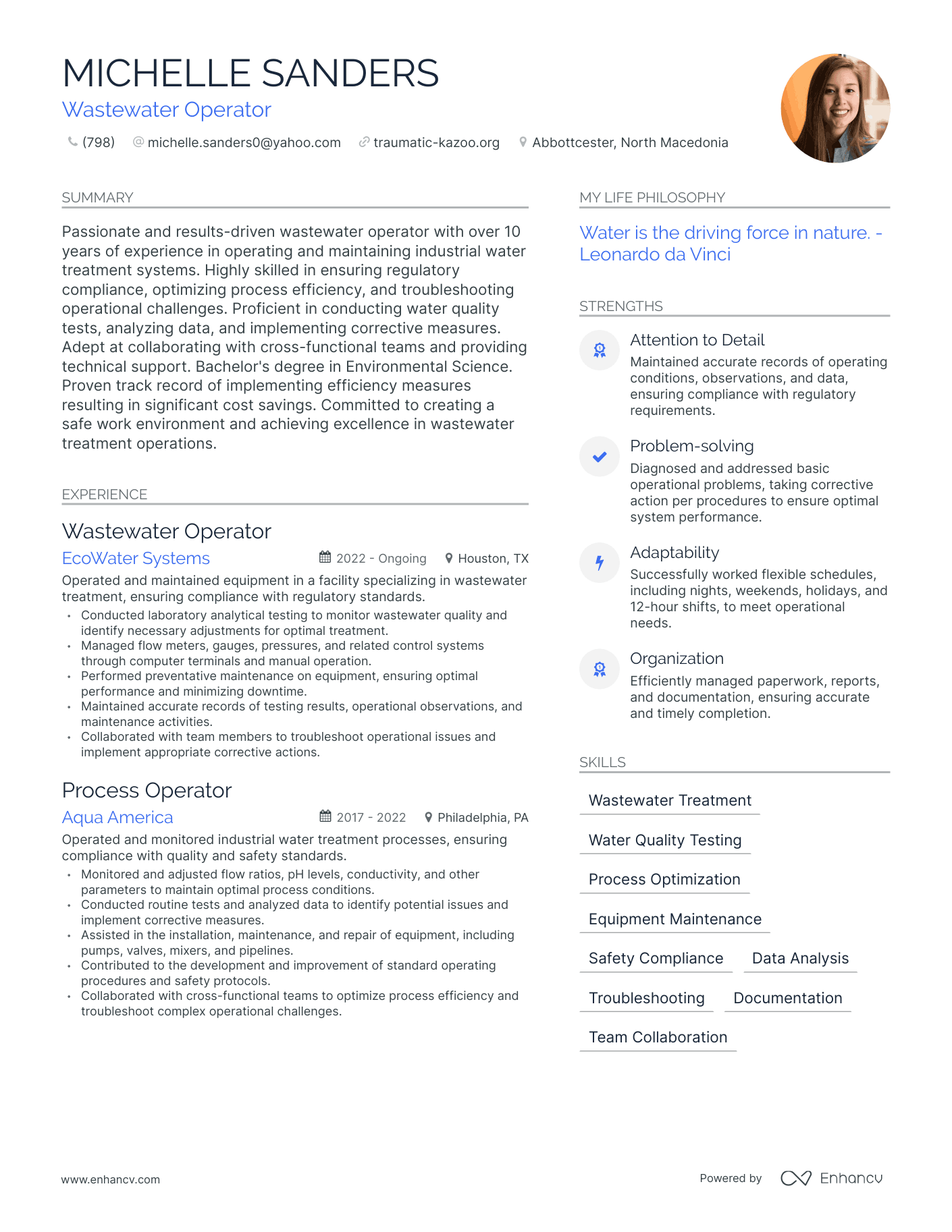 Wastewater Operator resume example