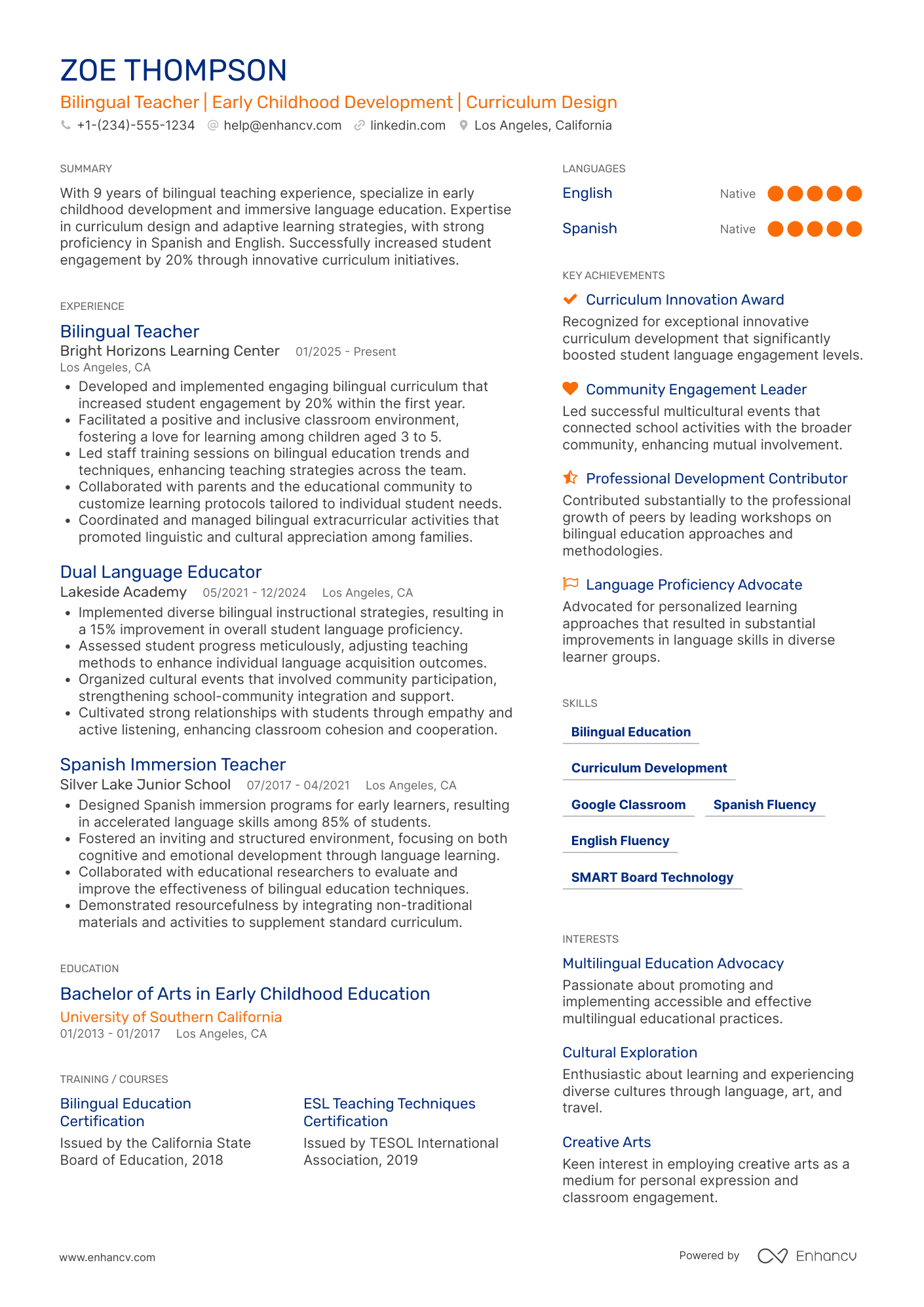 Bilingual Teacher resume example