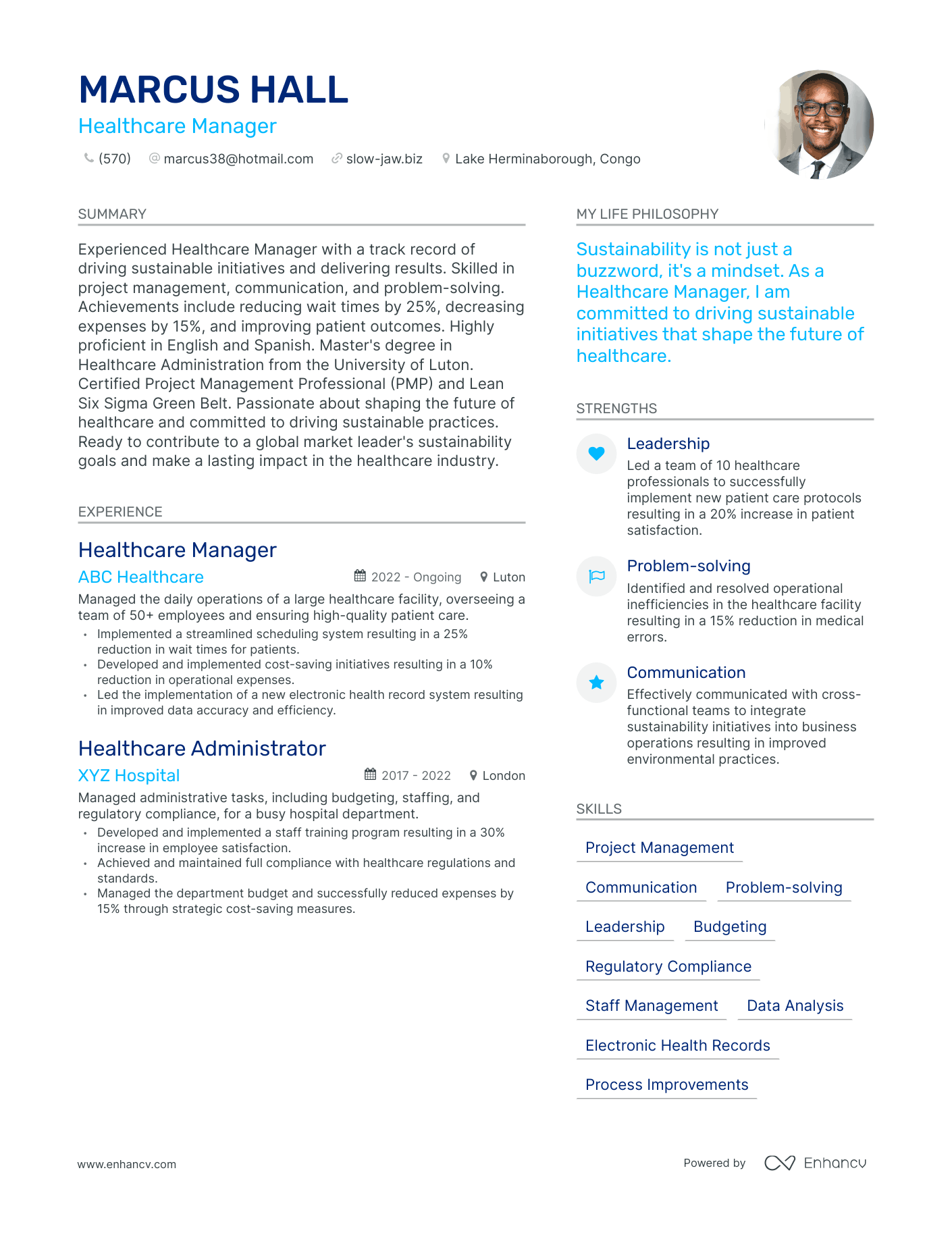 Healthcare Manager resume example
