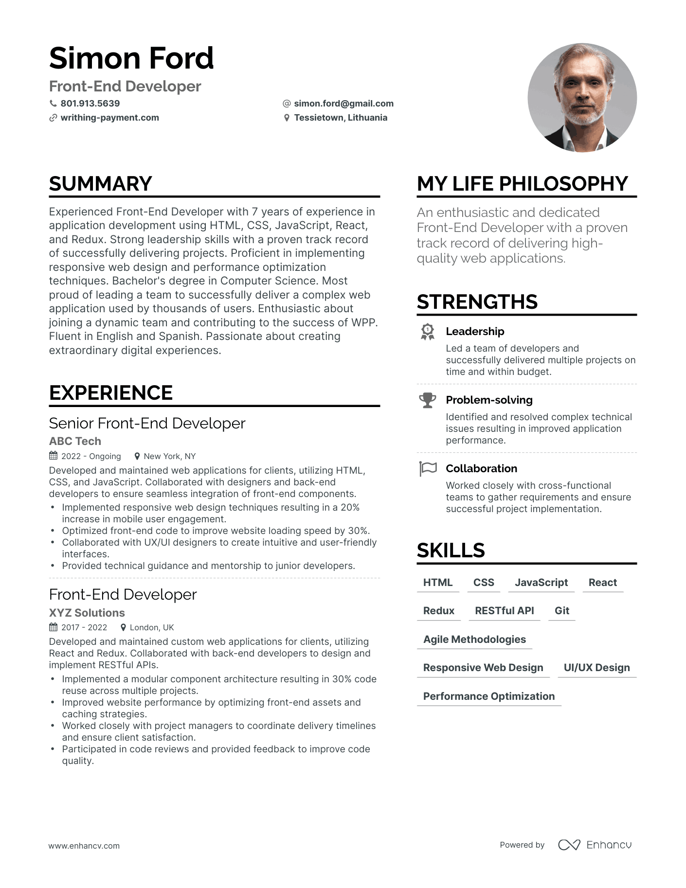 Front-End Developer resume example