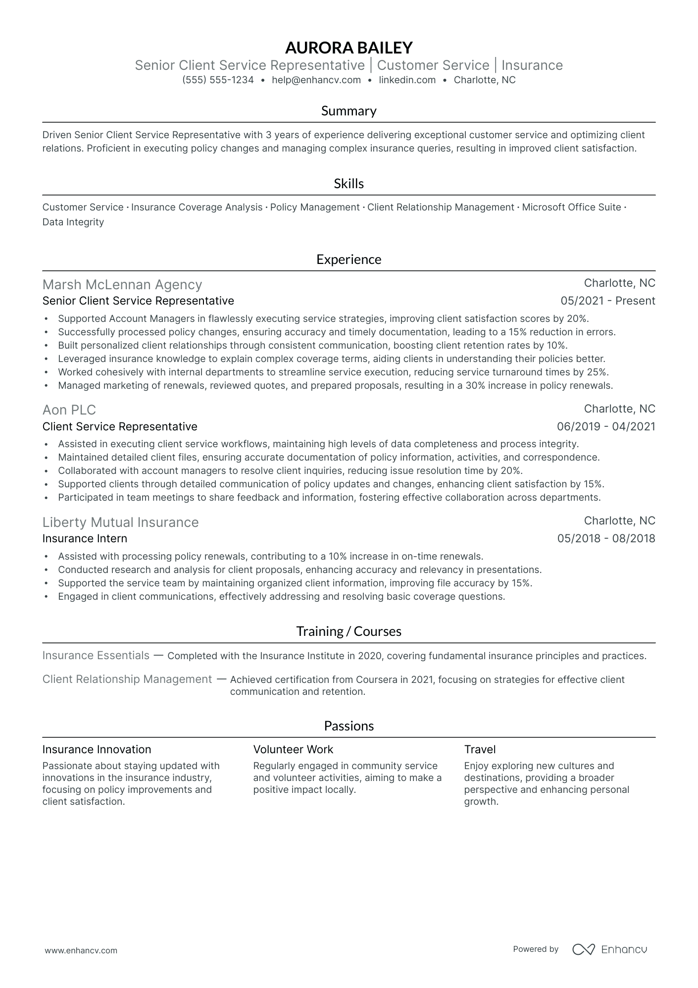 Senior Insurance Customer Service Representative resume example