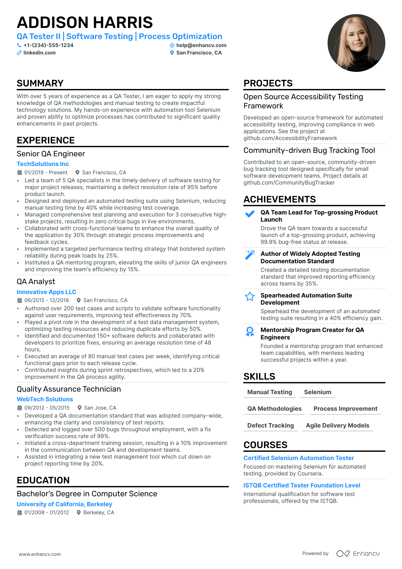 QA Tester resume example