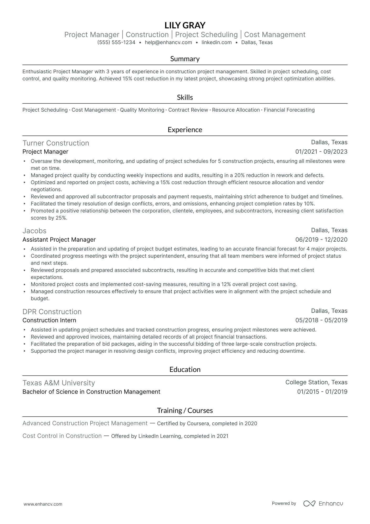 Construction Project Manager resume example