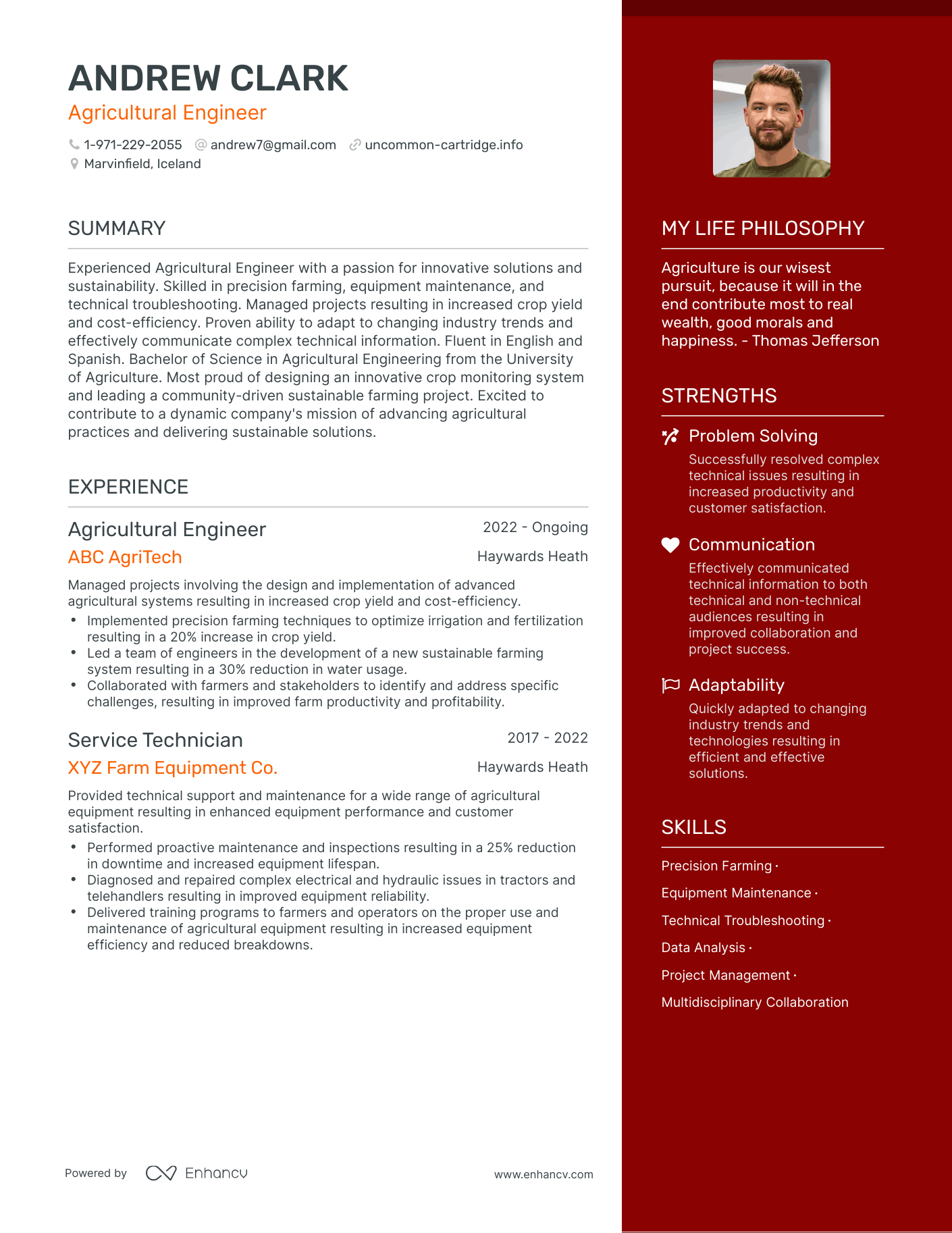 Agricultural Engineer resume example