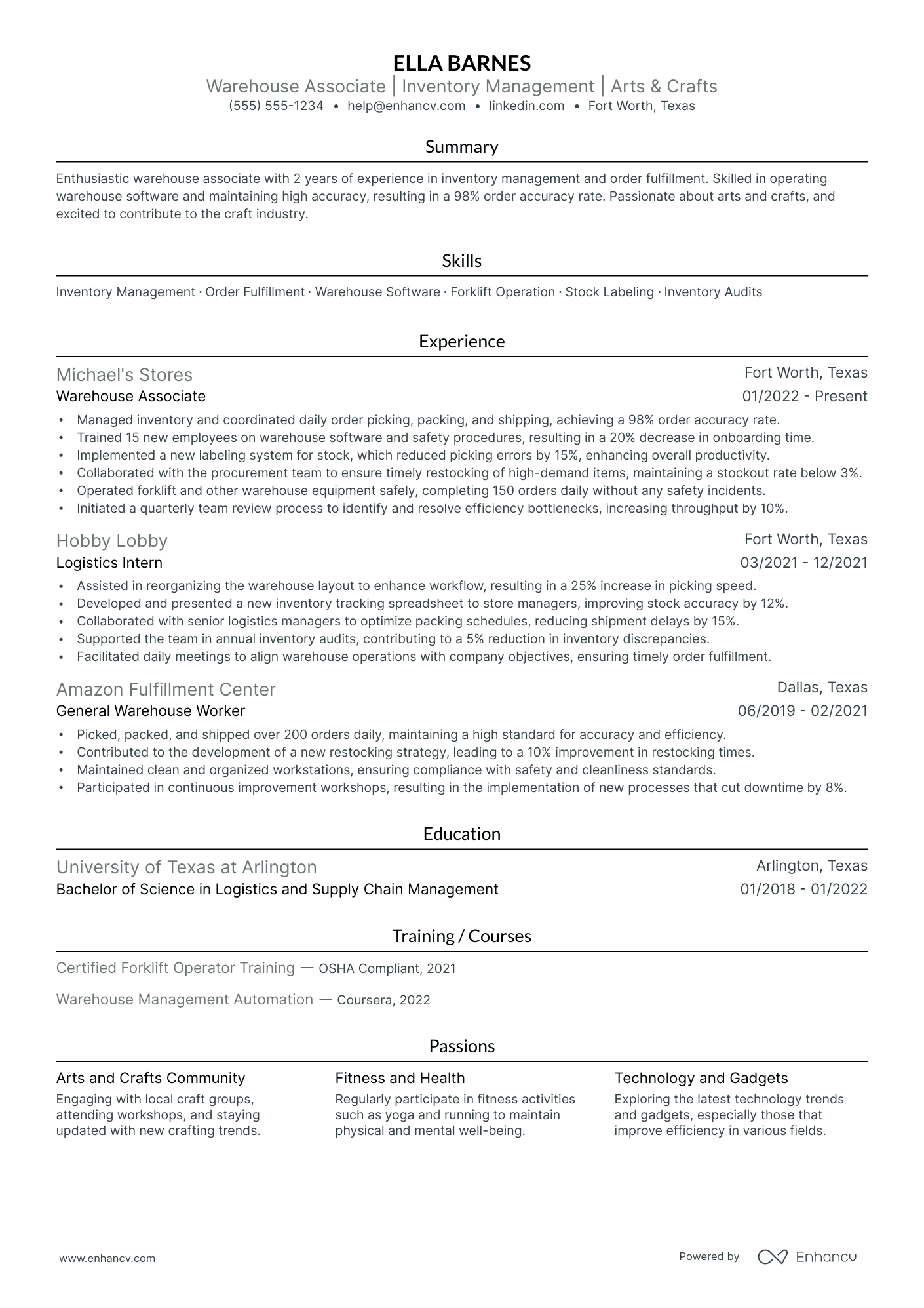 Warehouse Associate resume example