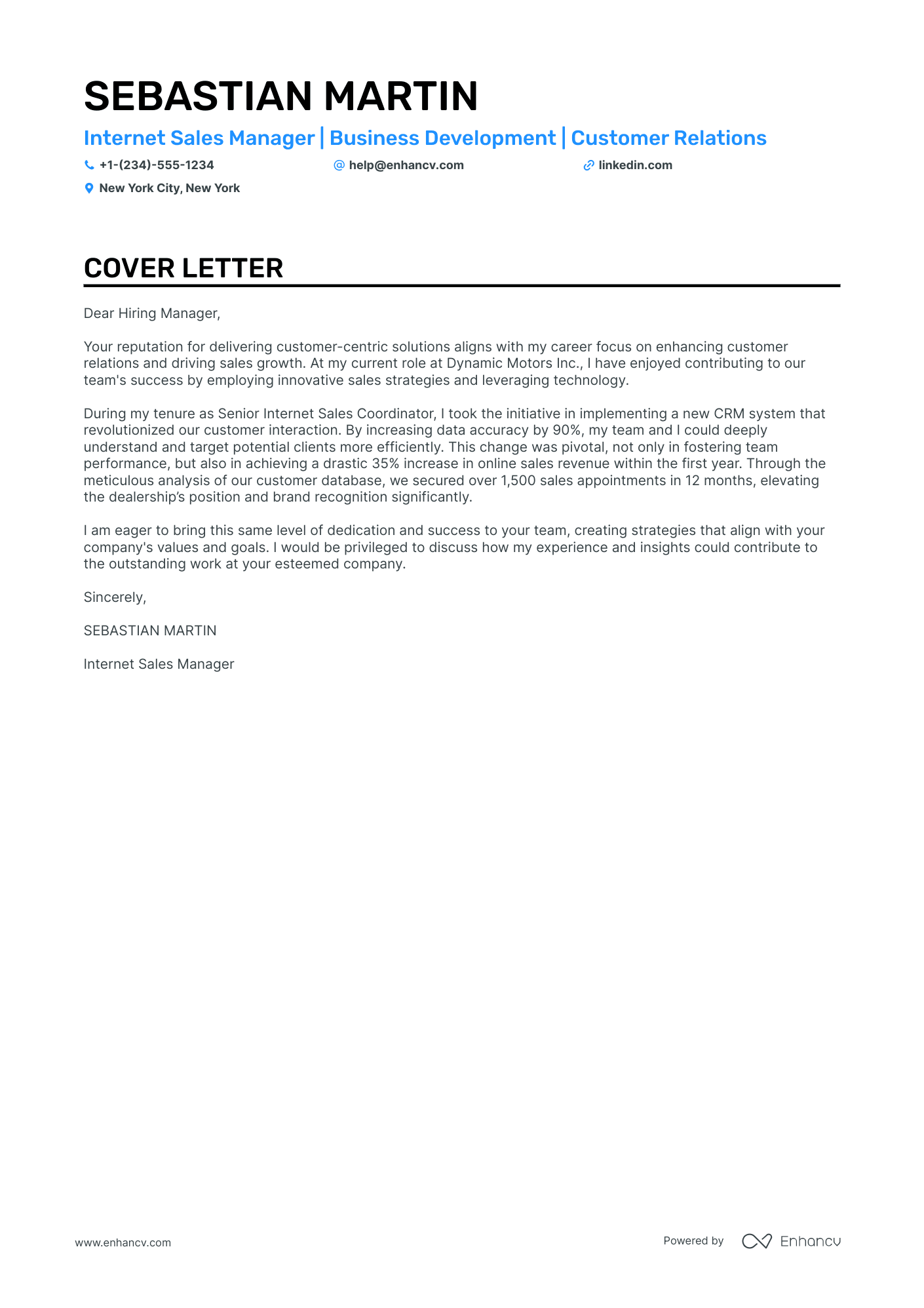 Internet Sales Manager cover letter