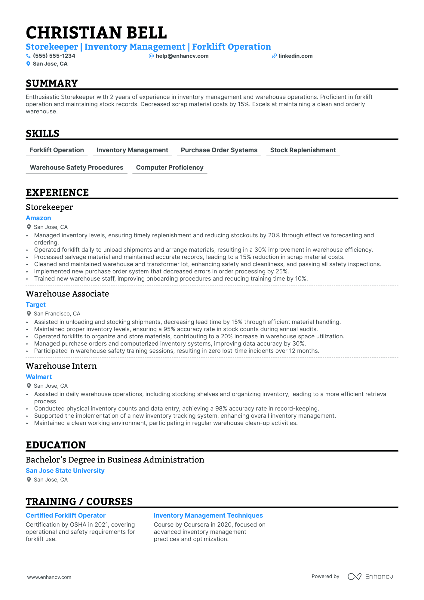 Warehouse Storekeeper resume example